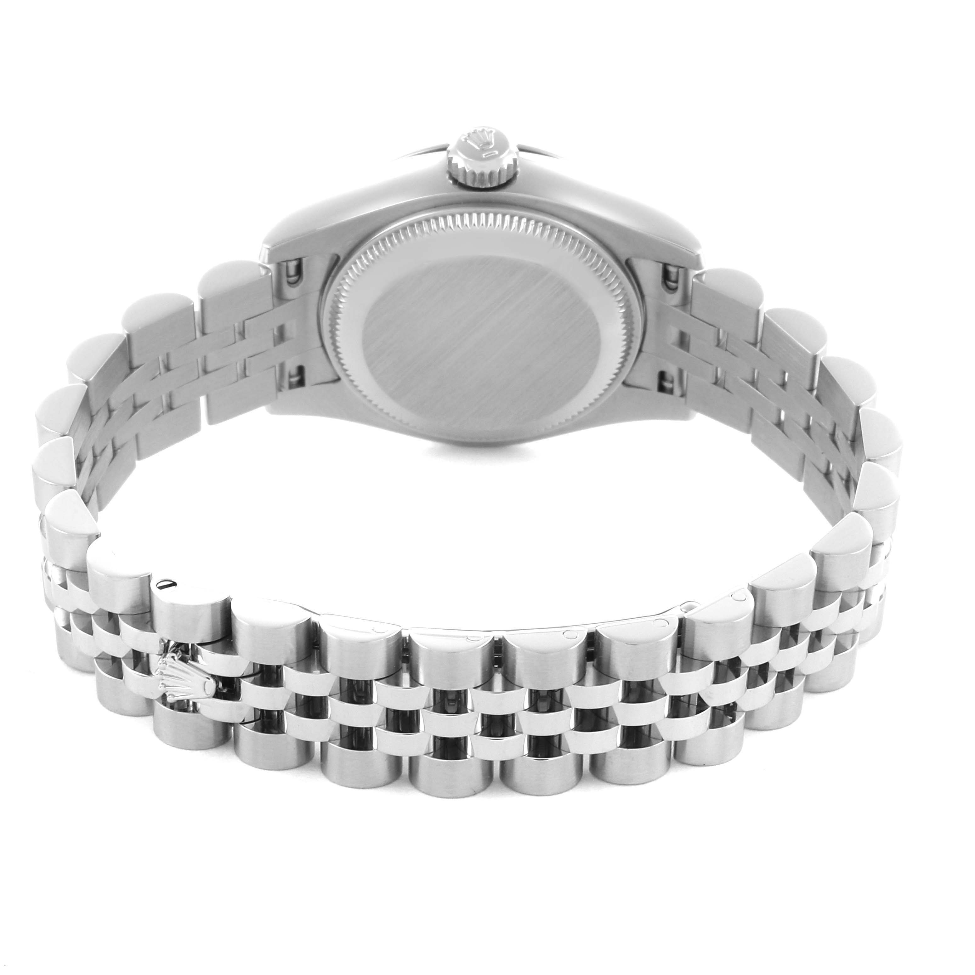 The Rolex Datejust 179174 Women
s Stainless Steel Black Dial 179174 Women
s Stainless Steel Black Dial is shown from the back, displaying the case back and bracelet with the crown and clasp visible.