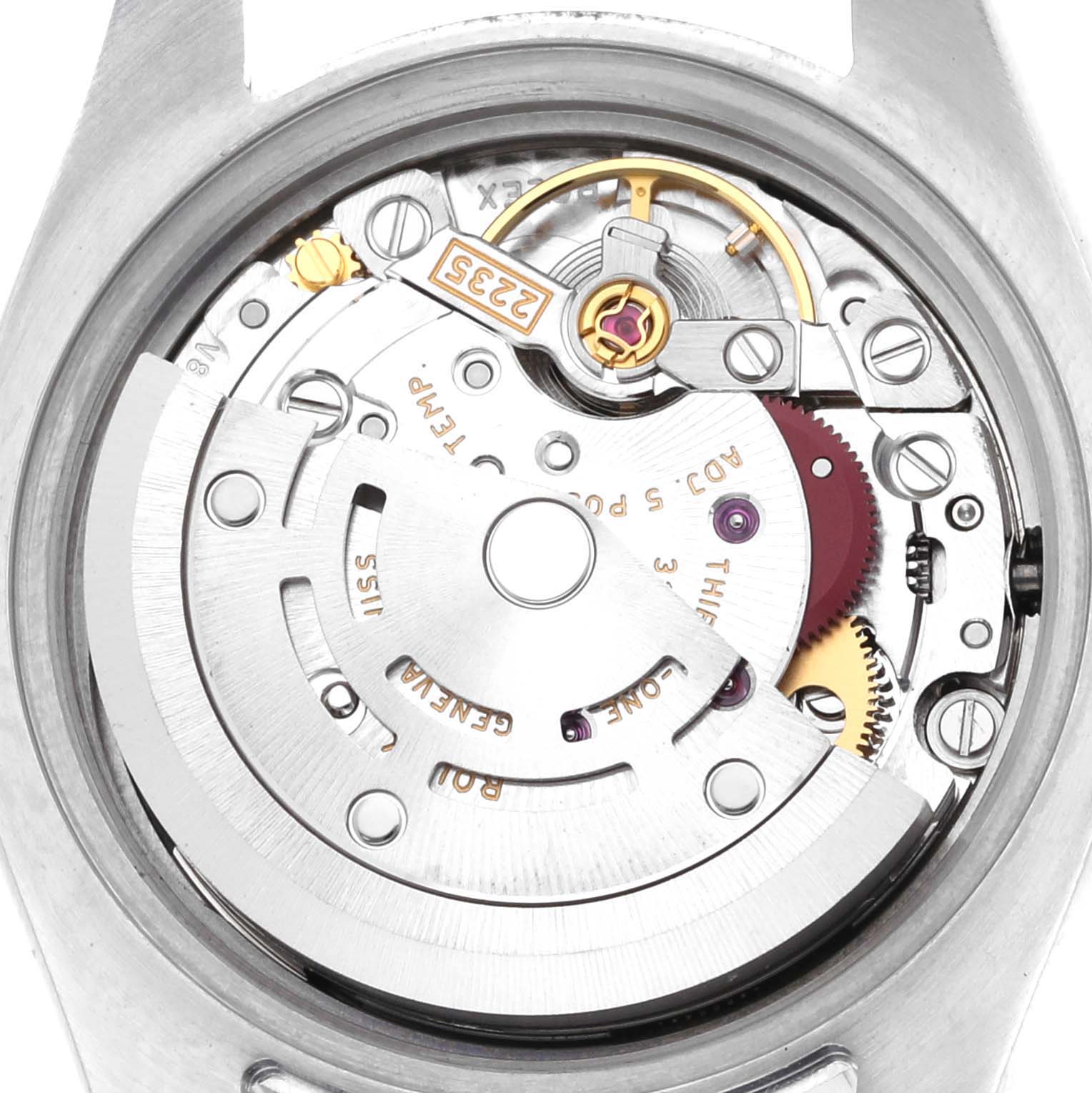 The image shows a close-up of the movement inside a Rolex Datejust 179174 Women
s Stainless Steel Black Dial 179174 Women
s Stainless Steel Black Dial watch, focusing on the intricate mechanical components.