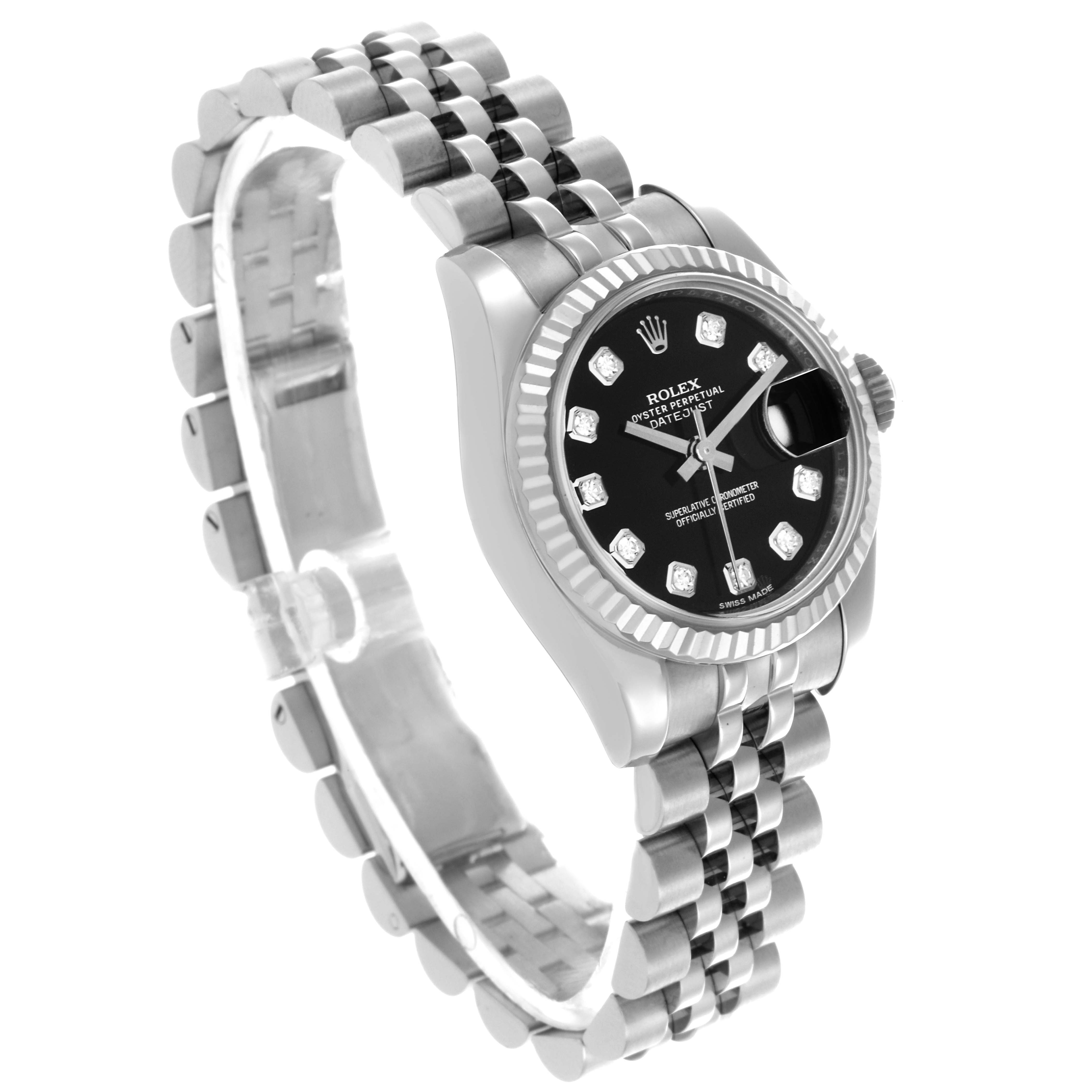 The Rolex Datejust 179174 Women
s Stainless Steel Black Dial 179174 Women
s Stainless Steel Black Dial watch is shown at a three-quarter angle, highlighting the face, bezel, and bracelet.