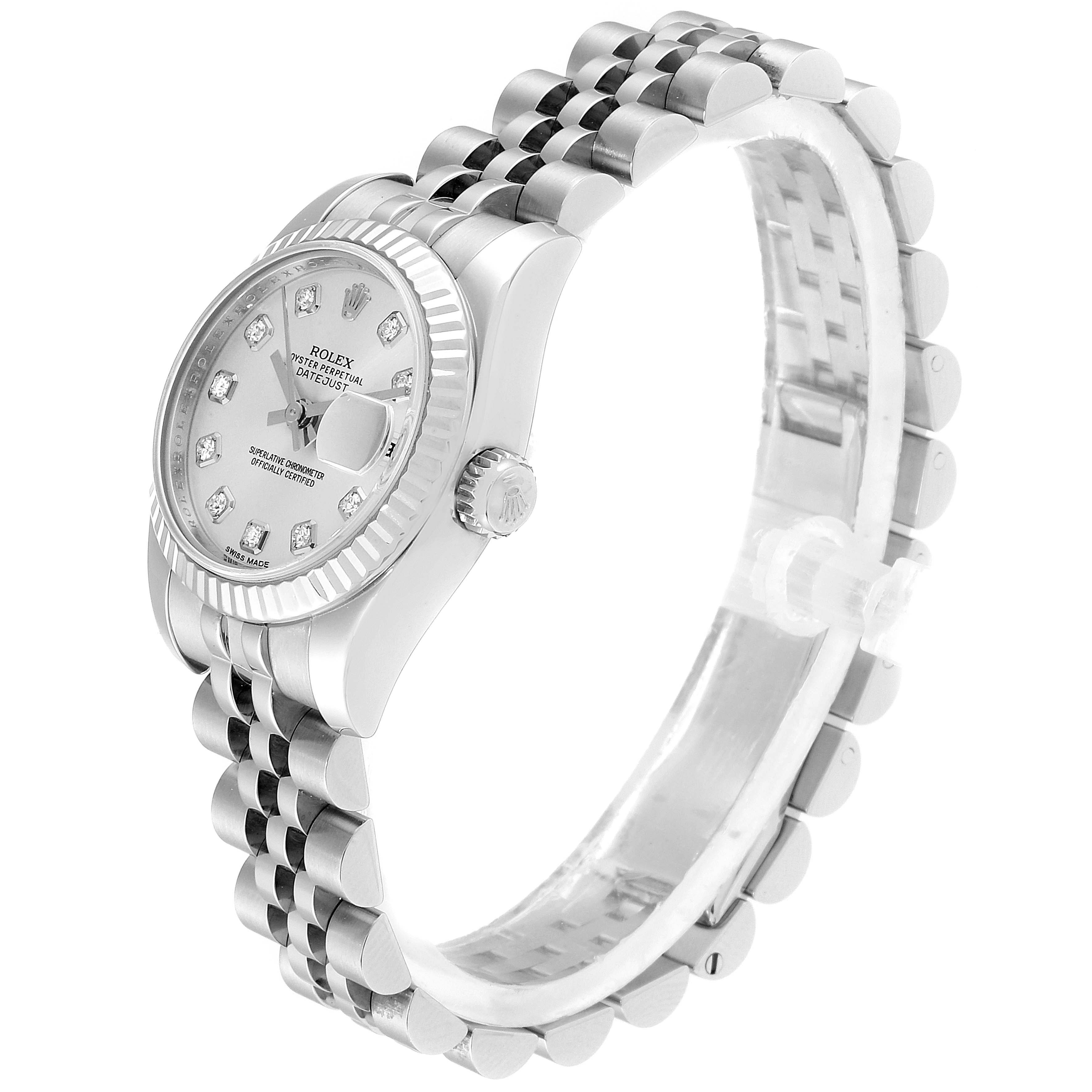 This image shows a side angle, highlighting the watch face, bezel, crown, and bracelet of the Rolex Datejust 179174 Women
s Stainless Steel Silver Dial 179174 Women
s Stainless Steel Silver Dial model.