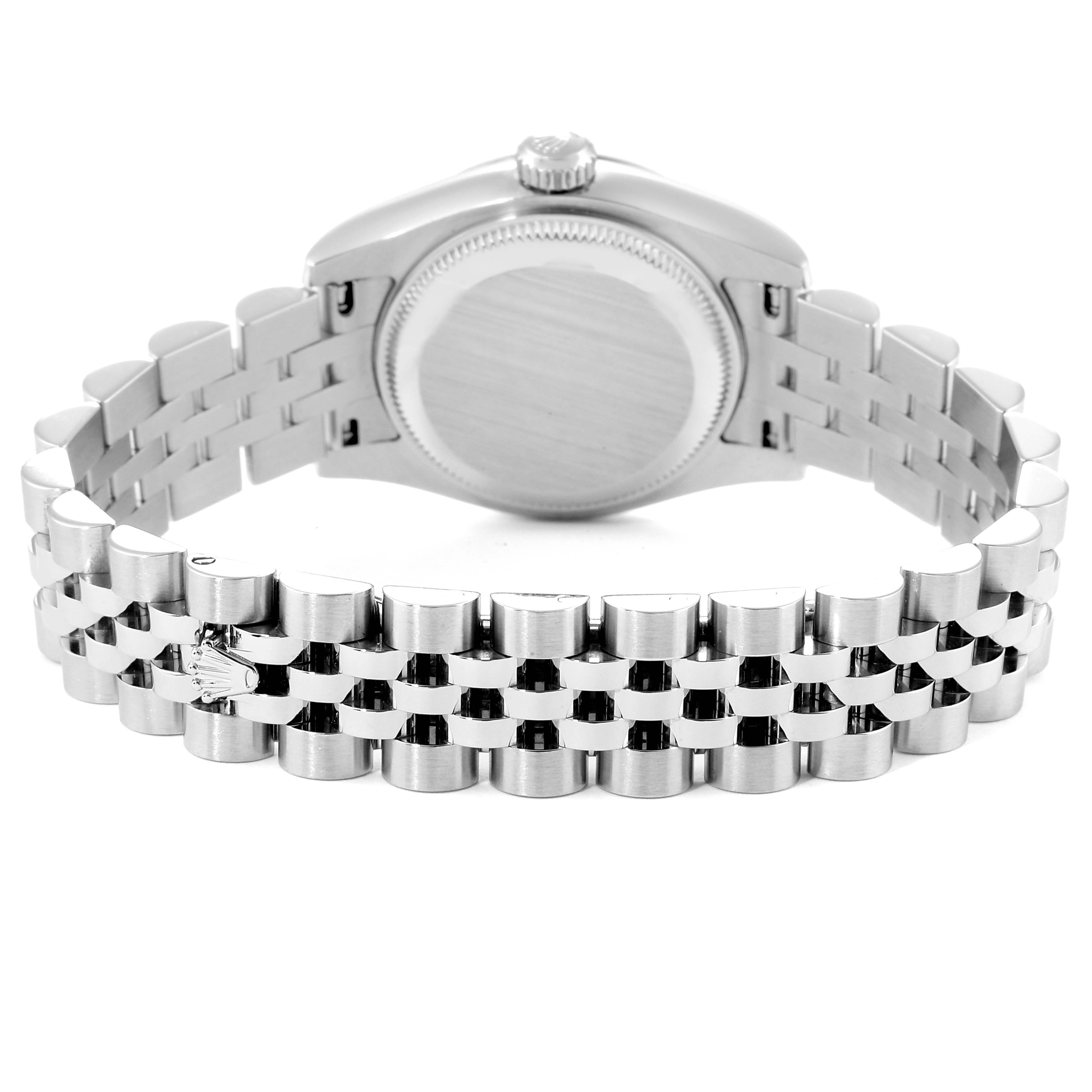 This image shows the back case and the Jubilee bracelet of the Rolex Datejust 179174 Women
s Stainless Steel Silver Dial 179174 Women
s Stainless Steel Silver Dial watch.