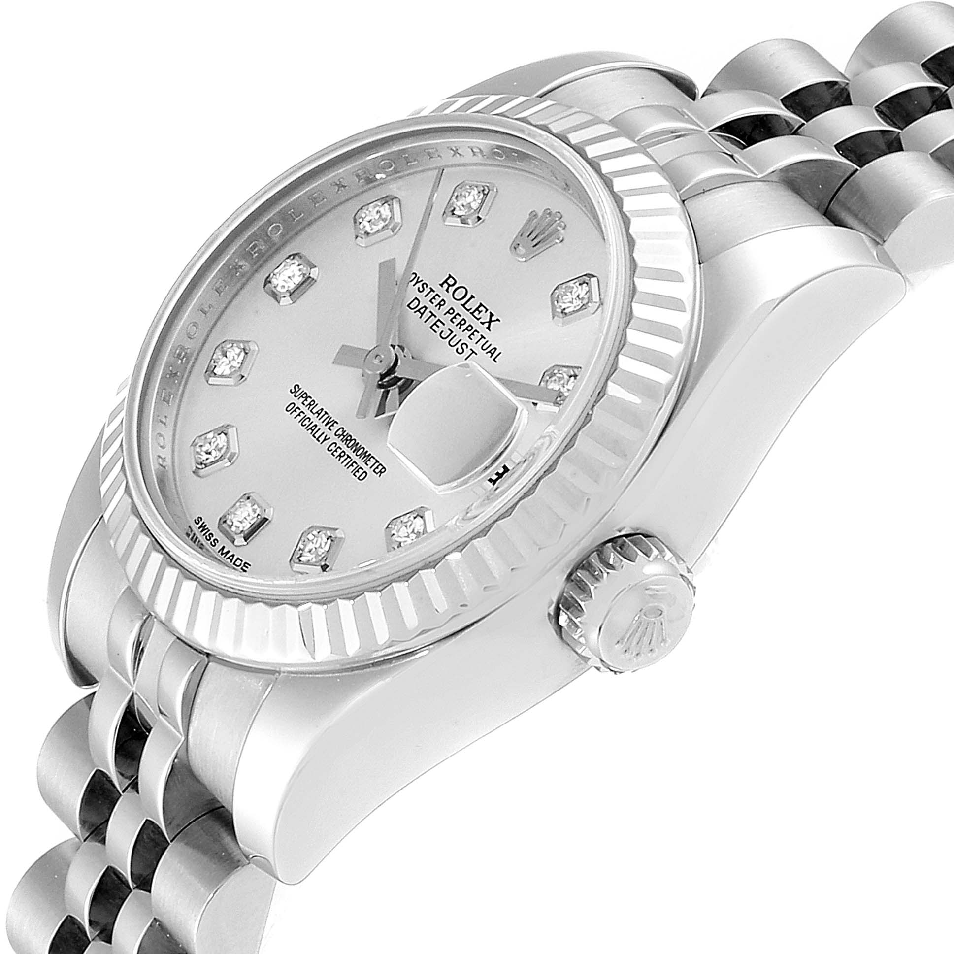The image shows a close-up side view of a Rolex Datejust 179174 Women
s Stainless Steel Silver Dial 179174 Women
s Stainless Steel Silver Dial watch, highlighting the crown, bezel, dial, and bracelet.