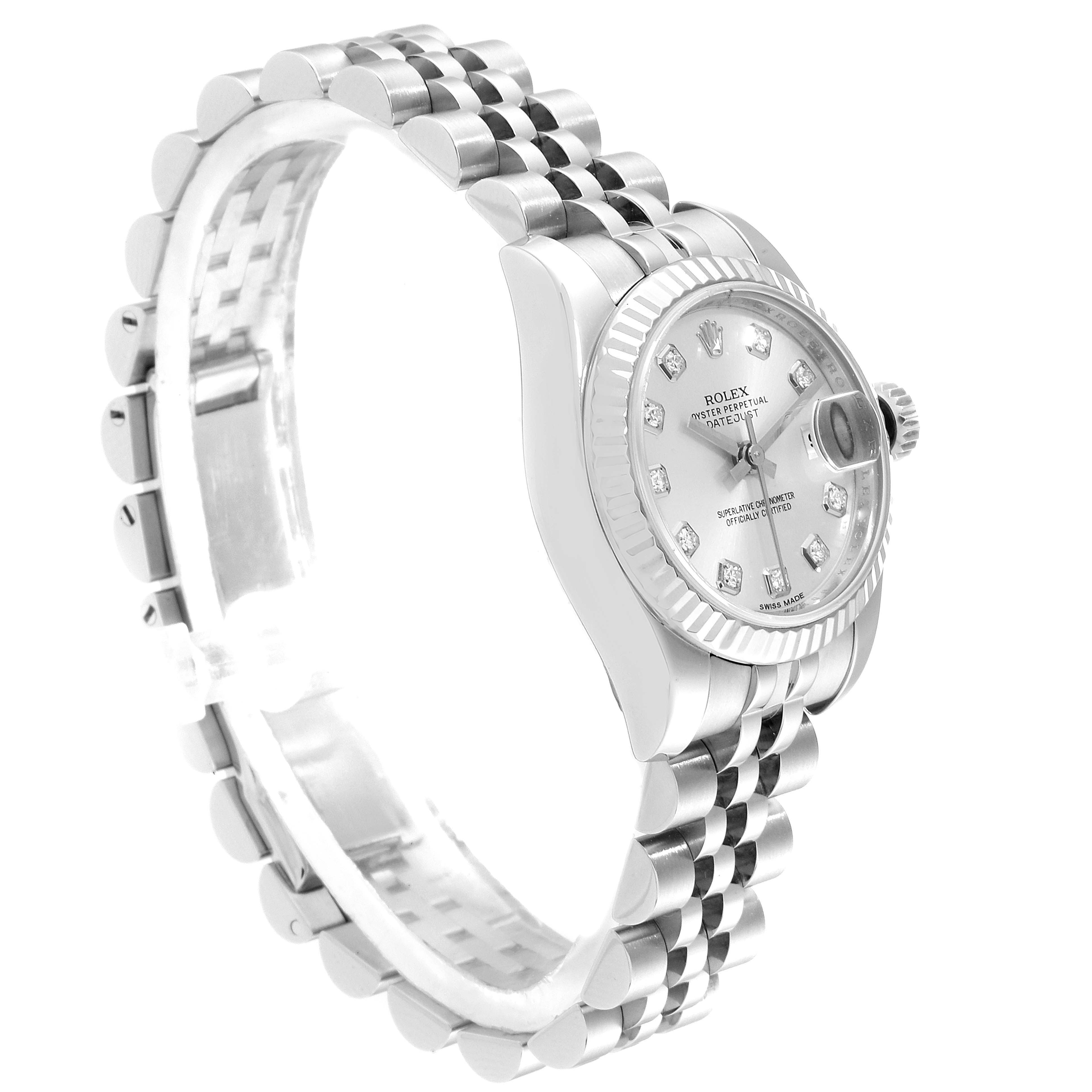 The image shows a Rolex Datejust 179174 Women
s Stainless Steel Silver Dial 179174 Women
s Stainless Steel Silver Dial watch at a side angle, highlighting its case, bezel, dial, and bracelet.
