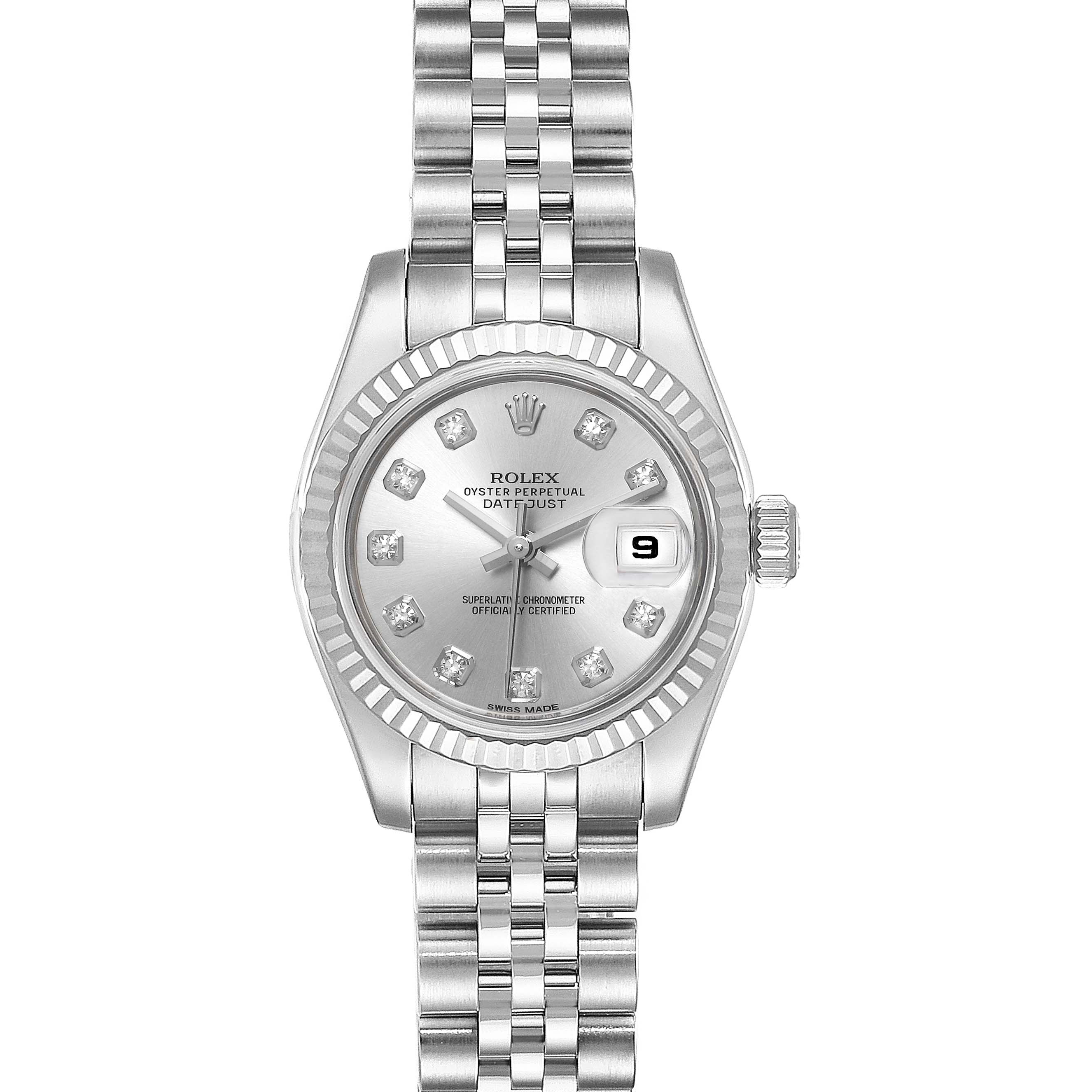 This is a Rolex Datejust 179174 Women
s Stainless Steel Silver Dial 179174 Women
s Stainless Steel Silver Dial watch shown from the front angle, displaying its dial, bezel, bracelet, and date window.