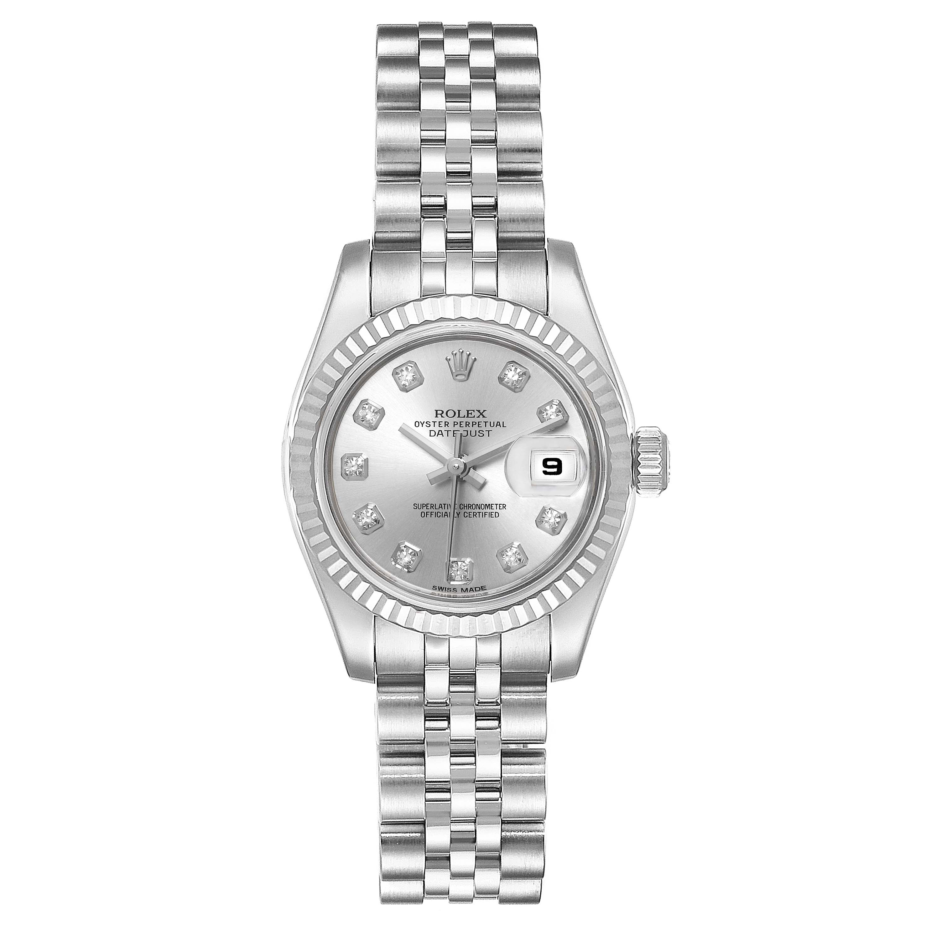 This Rolex Datejust 179174 Women
s Stainless Steel Silver Dial 179174 Women
s Stainless Steel Silver Dial watch is shown in a straight-on angle, highlighting the dial, bezel, and bracelet.