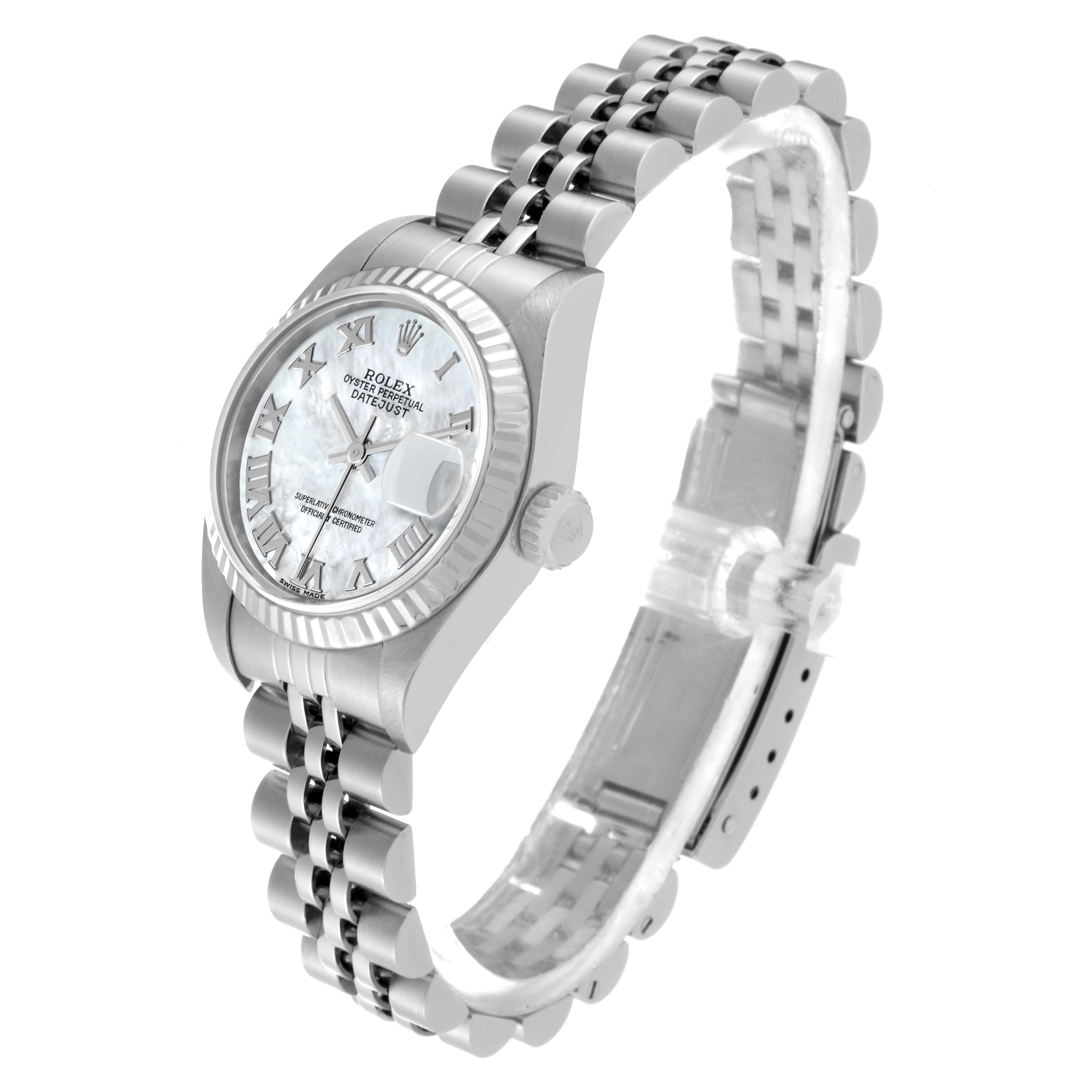 This image shows a side view of a Rolex Datejust 79174 Women
s Stainless Steel Mother of Pearl Dial 79174 Women
s Stainless Steel Mother of Pearl Dial watch, featuring its case, bezel, dial, and bracelet.