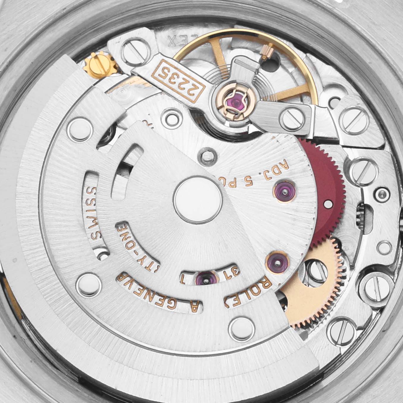 The image shows a close-up view of the movement mechanism of a Rolex Datejust 79174 Women
s Stainless Steel Mother of Pearl Dial 79174 Women
s Stainless Steel Mother of Pearl Dial watch.