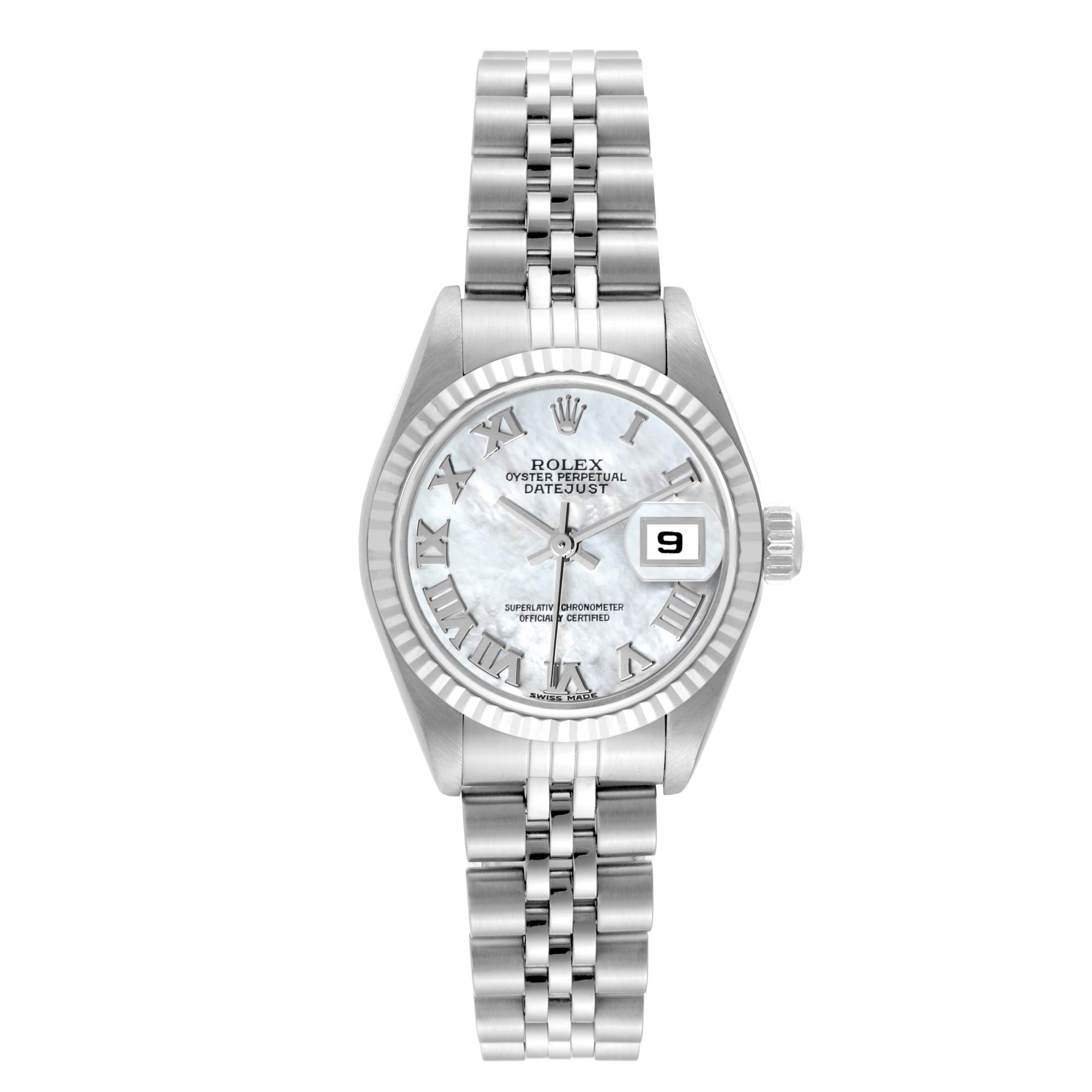 The image shows a front view of a Rolex Datejust 79174 Women
s Stainless Steel Mother of Pearl Dial 79174 Women
s Stainless Steel Mother of Pearl Dial watch, displaying the dial, bezel, bracelet, and crown.