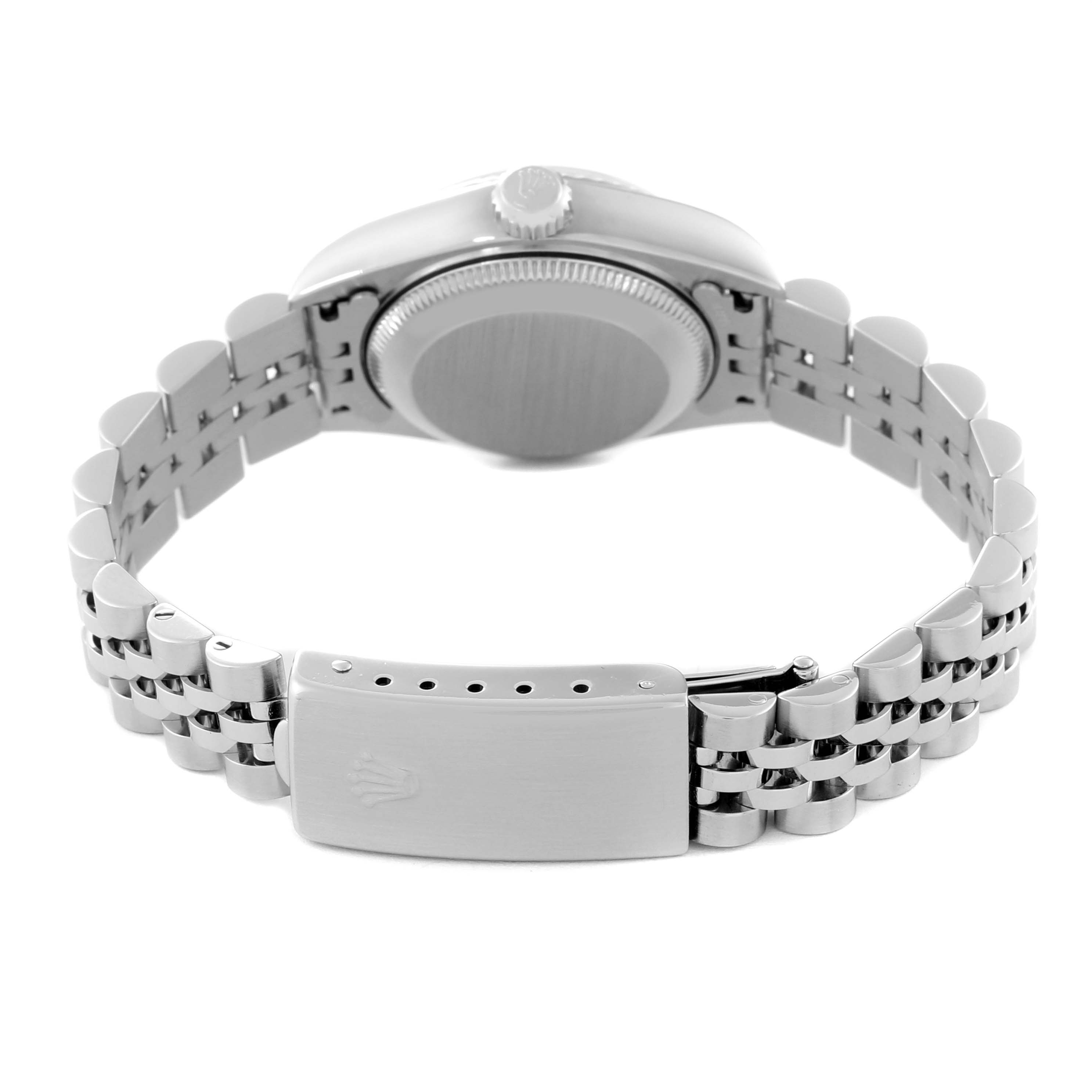 This image shows the back view of a Rolex Datejust 79174 Women
s Stainless Steel Mother of Pearl Dial 79174 Women
s Stainless Steel Mother of Pearl Dial watch, focusing on the clasp and bracelet.