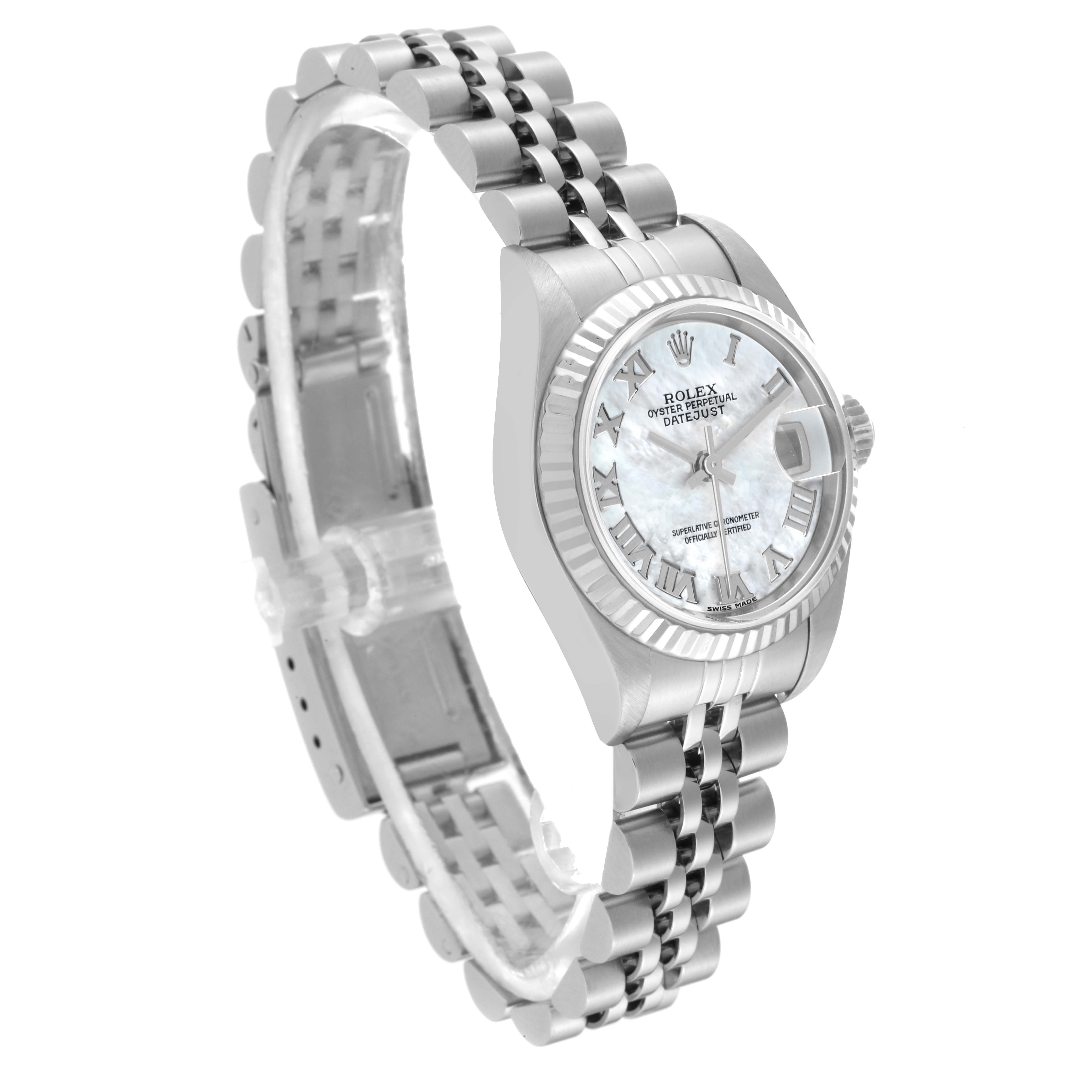 The Rolex Datejust 79174 Women
s Stainless Steel Mother of Pearl Dial 79174 Women
s Stainless Steel Mother of Pearl Dial watch is shown at a three-quarter angle displaying the bracelet, dial, case, and bezel.