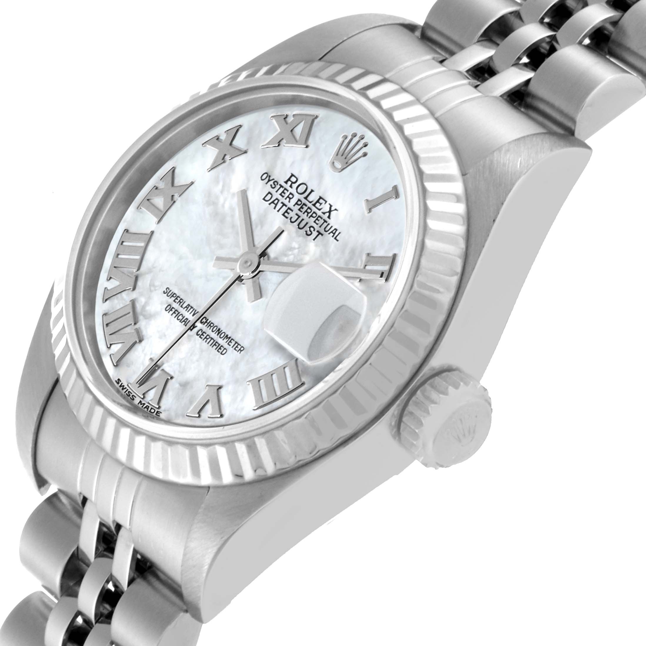 The image shows a close-up angle of the Rolex Datejust 79174 Women
s Stainless Steel Mother of Pearl Dial 79174 Women
s Stainless Steel Mother of Pearl Dial watch, highlighting the face, bezel, crown, and part of the bracelet.