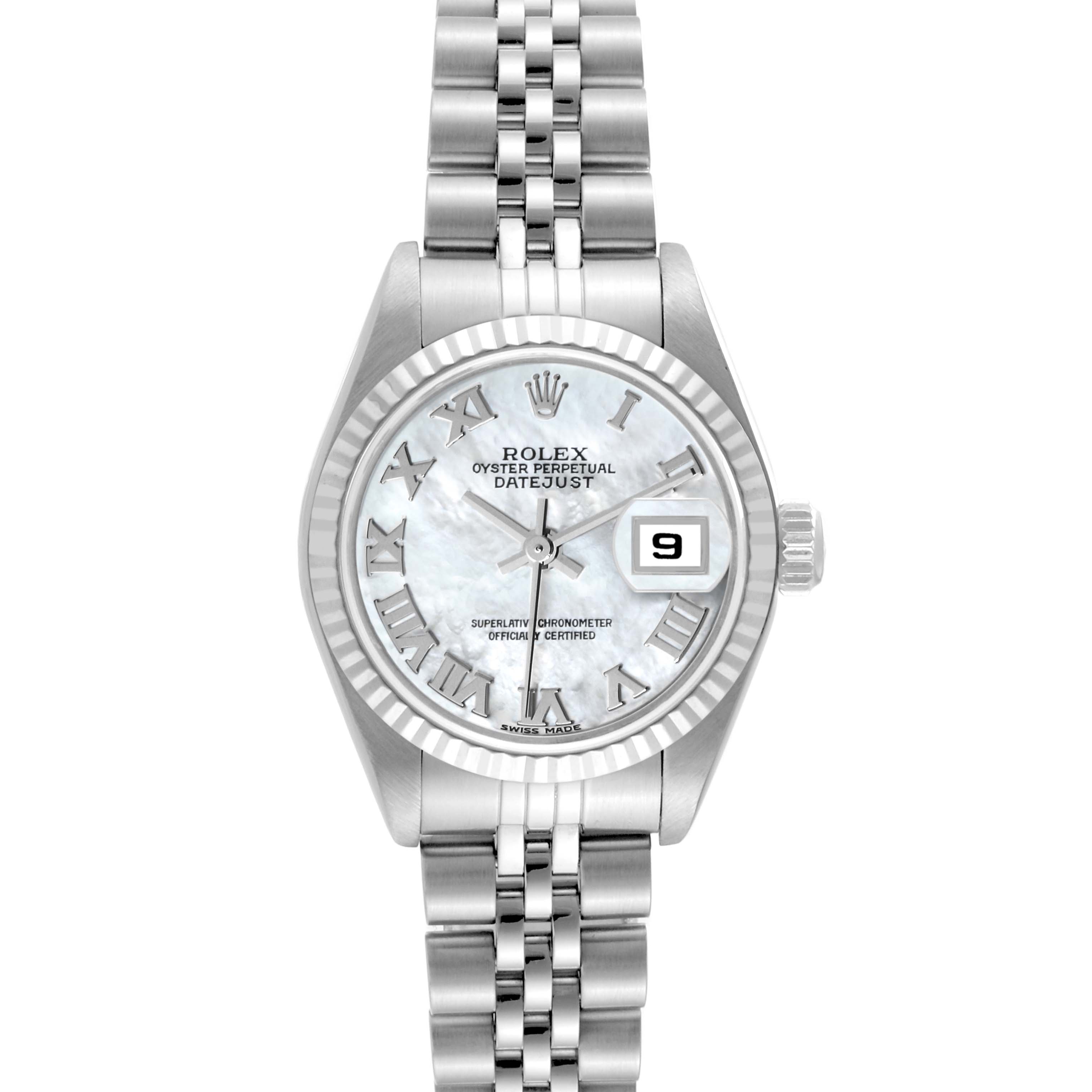 This image shows a front view of the Rolex Datejust 79174 Women
s Stainless Steel Mother of Pearl Dial 79174 Women
s Stainless Steel Mother of Pearl Dial watch, highlighting its face, bezel, and bracelet.
