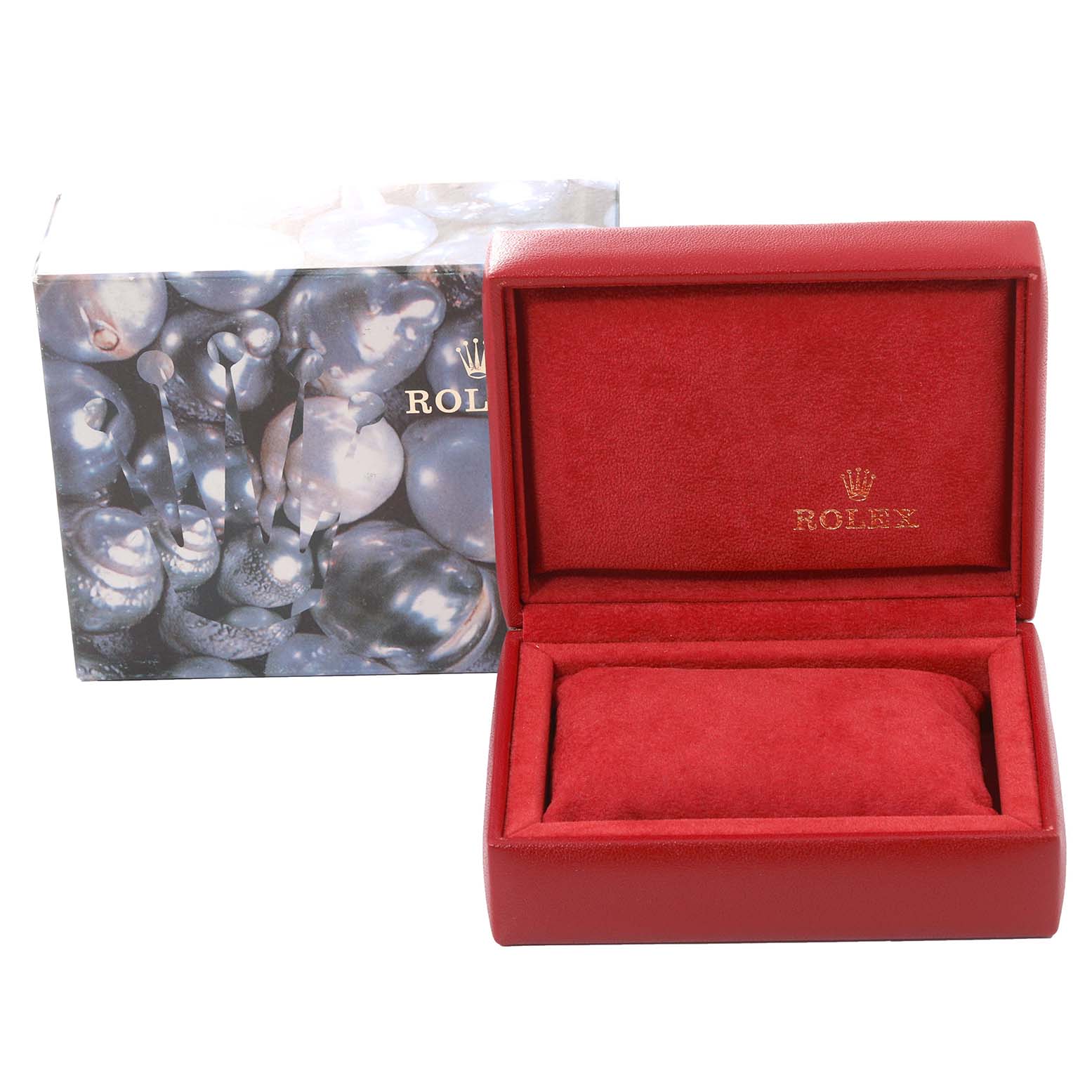 This image shows a red Rolex Datejust 79174 Women
s Stainless Steel Mother of Pearl Dial 79174 Women
s Stainless Steel Mother of Pearl Dial watch box with its outer decorative packaging.