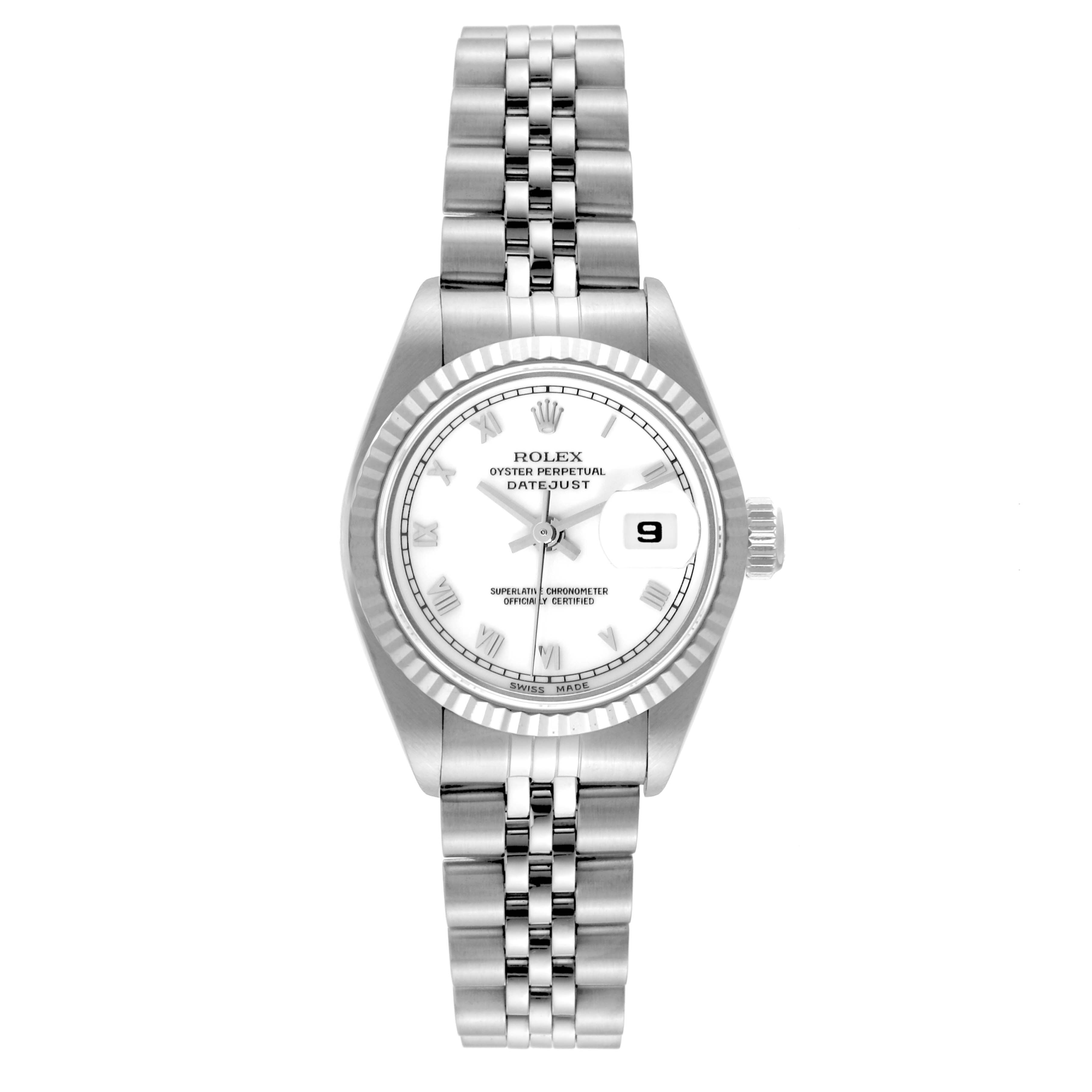 The image shows a front view of a Rolex Datejust 69174 Women's Stainless Steel White Dial 69174 Women's Stainless Steel White Dial watch, highlighting the dial, bezel, and bracelet.