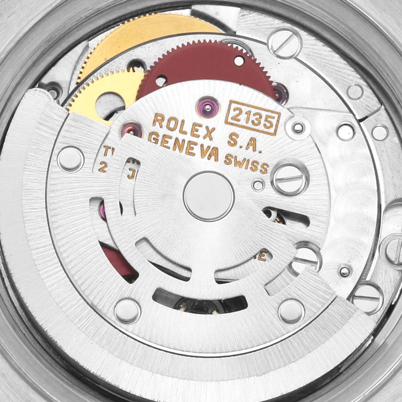This is a close-up view of the movement mechanism inside a Rolex Datejust 69174 Women's Stainless Steel White Dial 69174 Women's Stainless Steel White Dial watch.