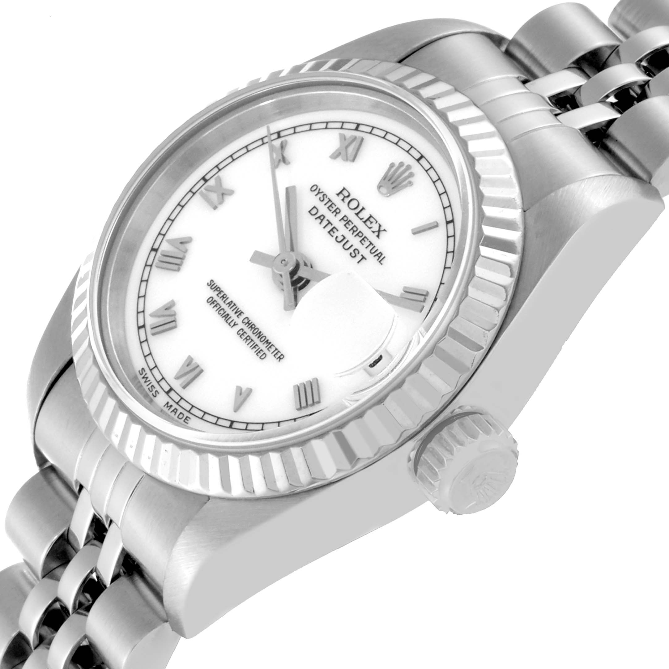 The Rolex Datejust 69174 Women's Stainless Steel White Dial 69174 Women's Stainless Steel White Dial watch is shown at an angled view focusing on the face, bezel, crown, and part of the bracelet.