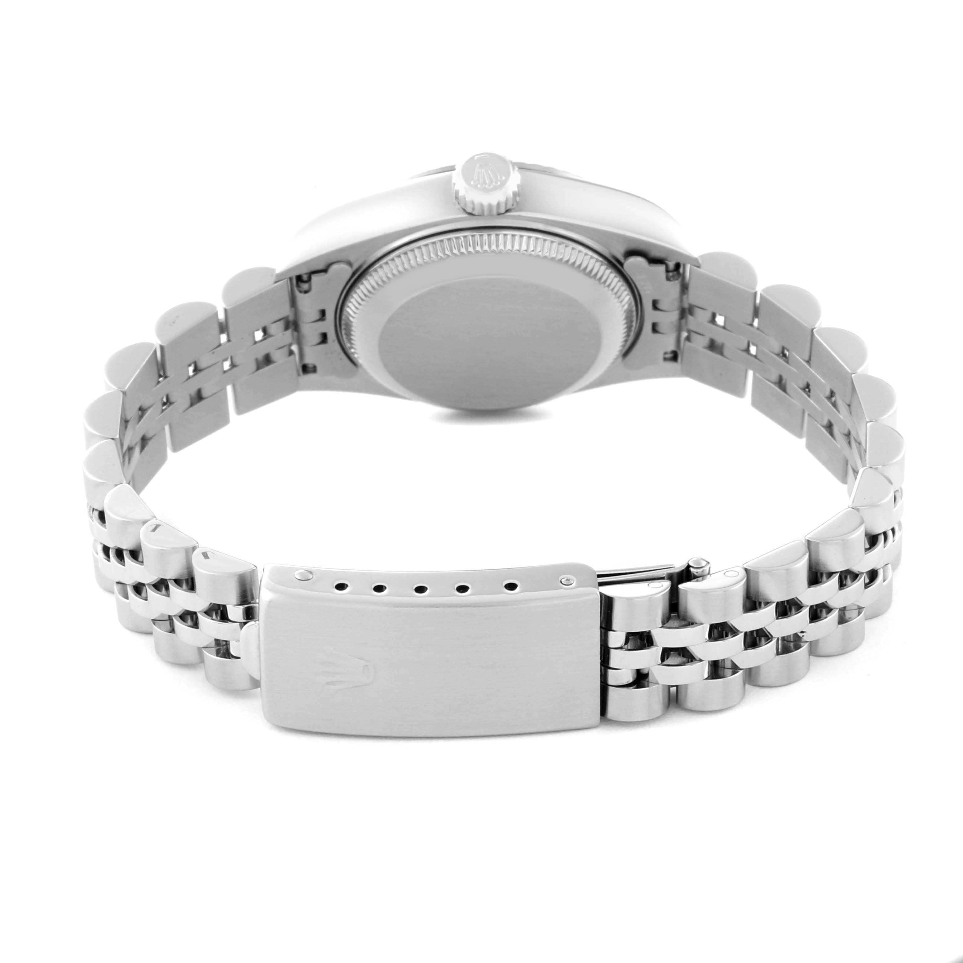 The image shows the back view of a Rolex Datejust 69174 Women's Stainless Steel White Dial 69174 Women's Stainless Steel White Dial watch, highlighting the case back and the clasp of the bracelet.