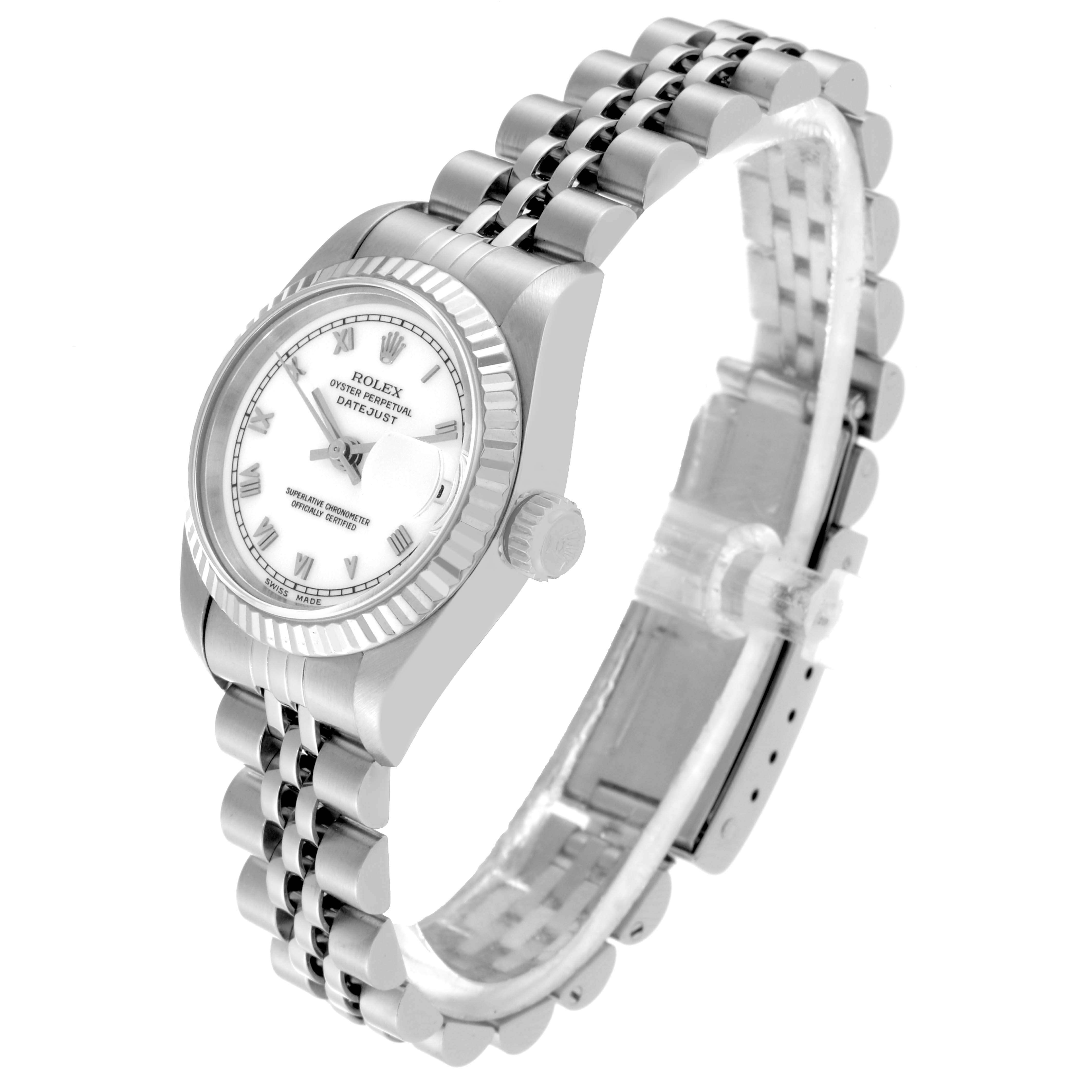 The Rolex Datejust 69174 Women's Stainless Steel White Dial 69174 Women's Stainless Steel White Dial watch is viewed from an angle showing the face, crown, and bracelet.
