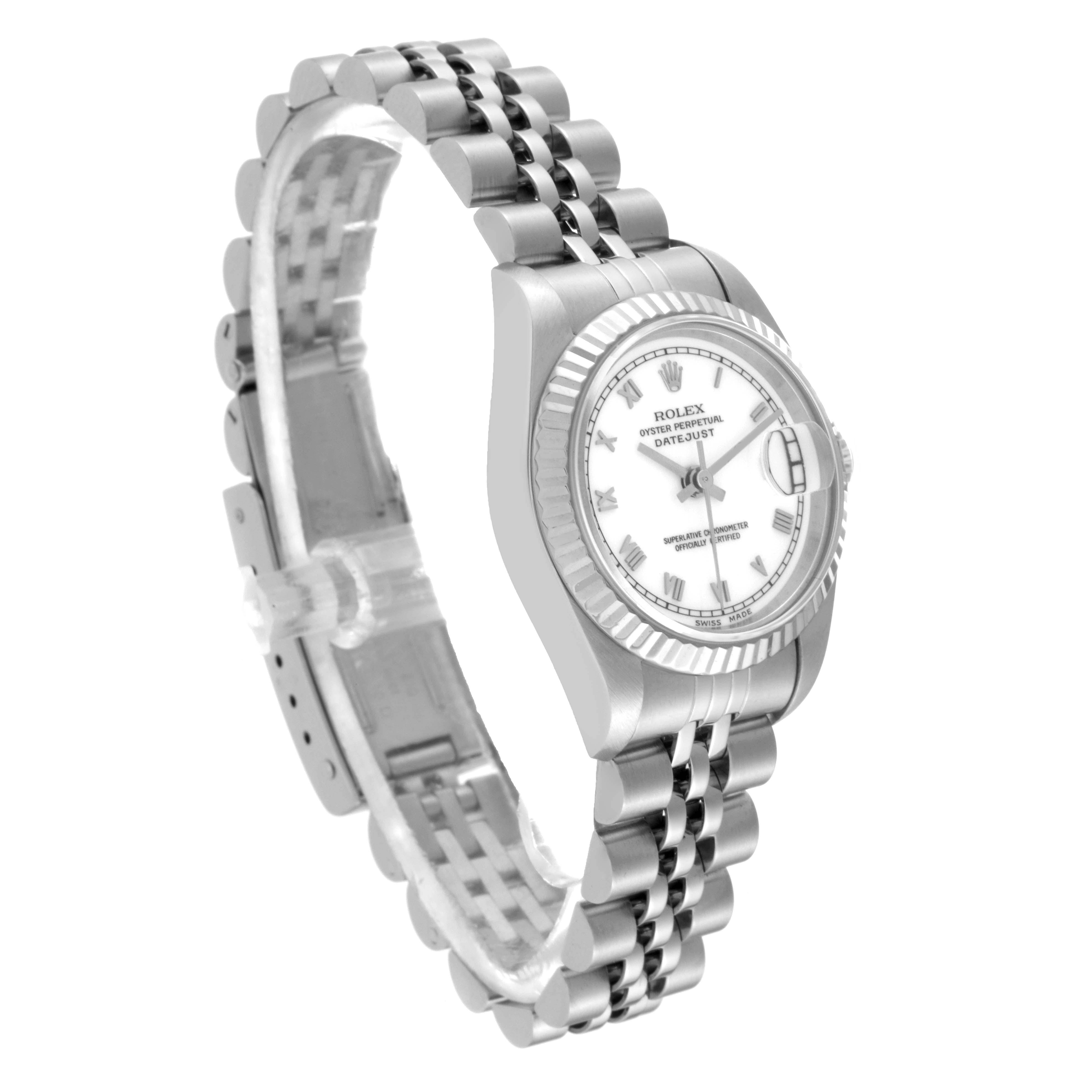 This image shows a side angle of a Rolex Datejust 69174 Women's Stainless Steel White Dial 69174 Women's Stainless Steel White Dial, displaying its bracelet, case, and dial with Roman numerals.