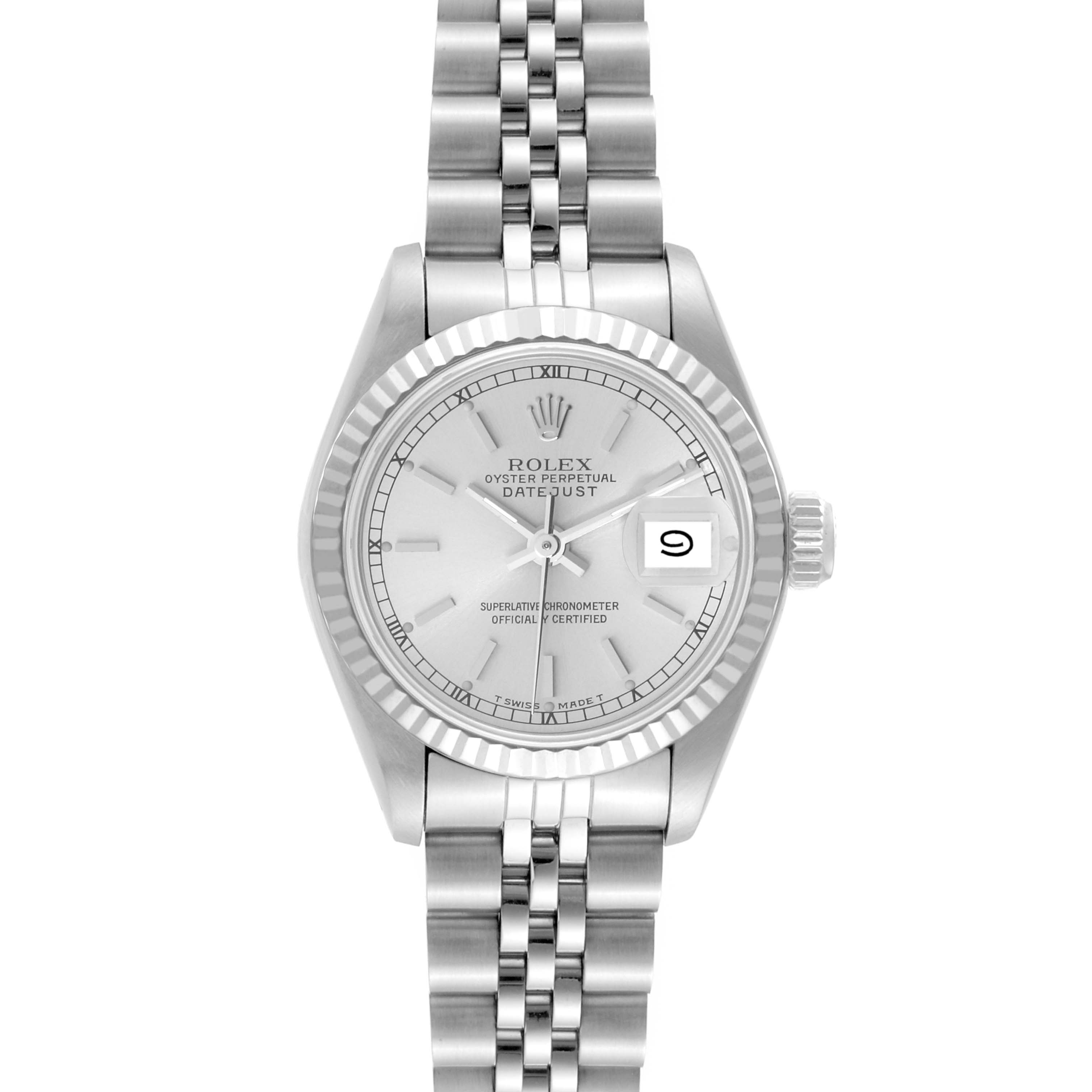 The image shows a front view of a Rolex Datejust 69174 Women
s Stainless Steel Silver Dial 69174 Women
s Stainless Steel Silver Dial watch, showcasing the face, date window, bezel, and Jubilee bracelet.