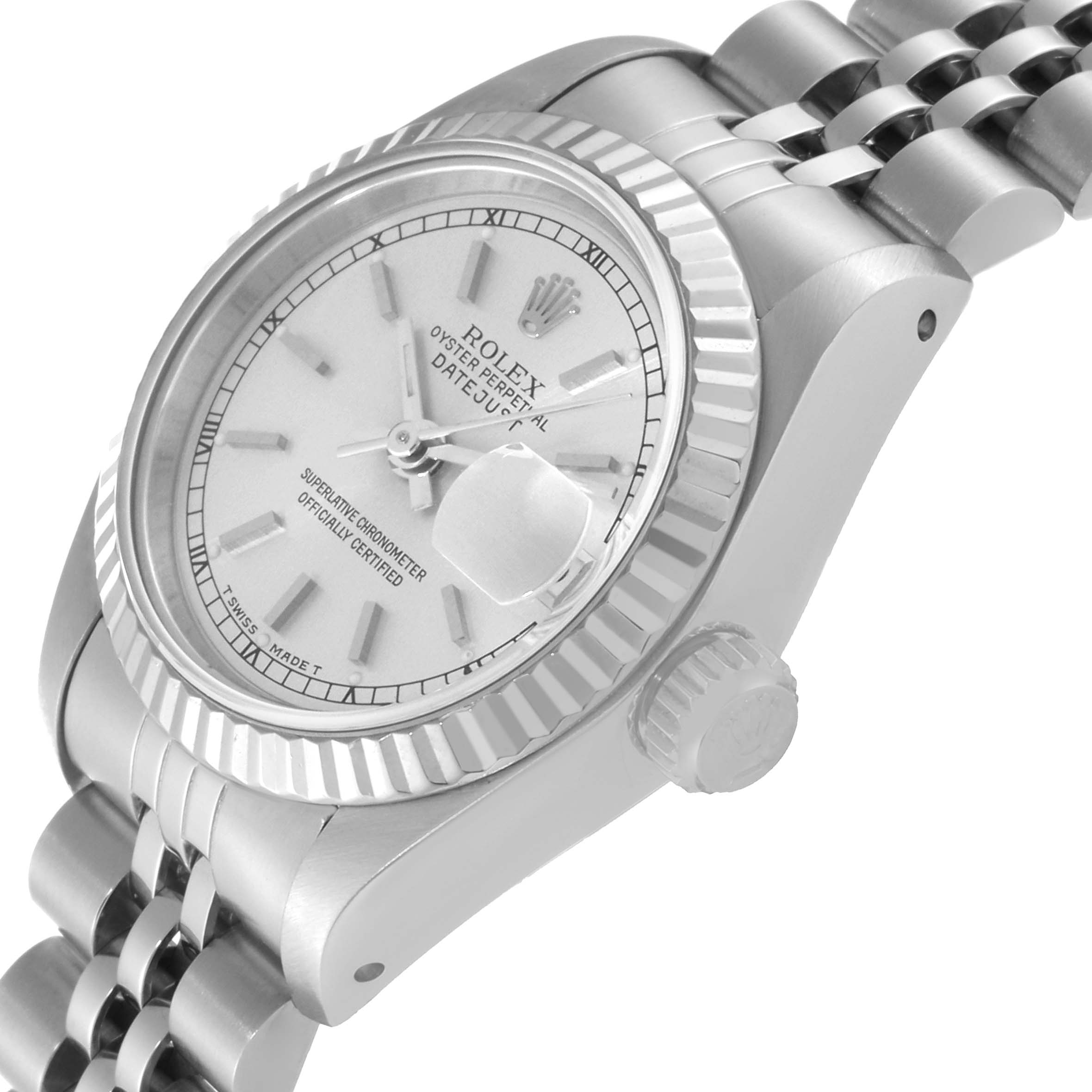 The image shows a side angle of the Rolex Datejust 69174 Women
s Stainless Steel Silver Dial 69174 Women
s Stainless Steel Silver Dial watch, focusing on the dial, fluted bezel, crown, and part of the bracelet.