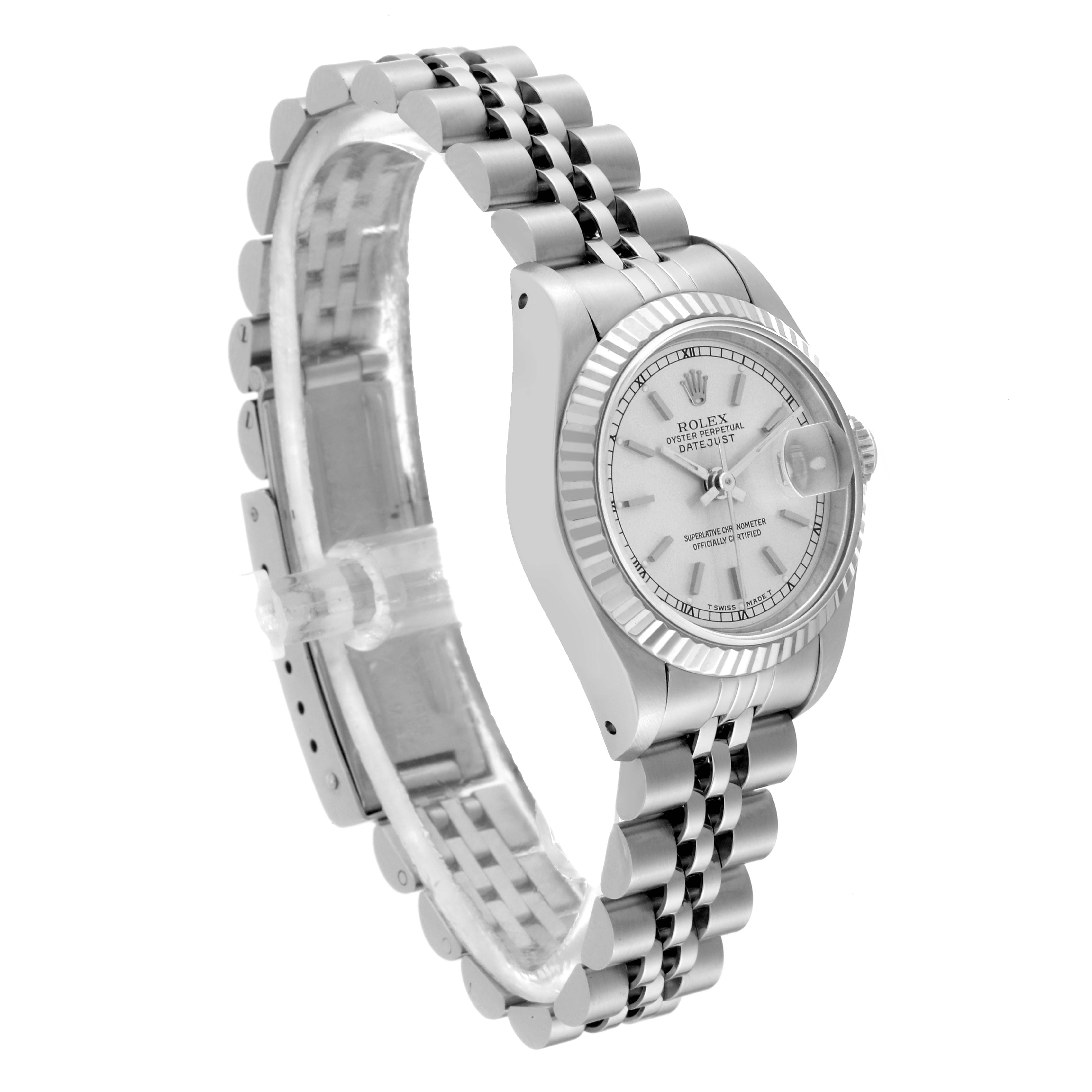 This image shows a Rolex Datejust 69174 Women
s Stainless Steel Silver Dial 69174 Women
s Stainless Steel Silver Dial watch angled from the front left, highlighting the face, bezel, and part of the bracelet.