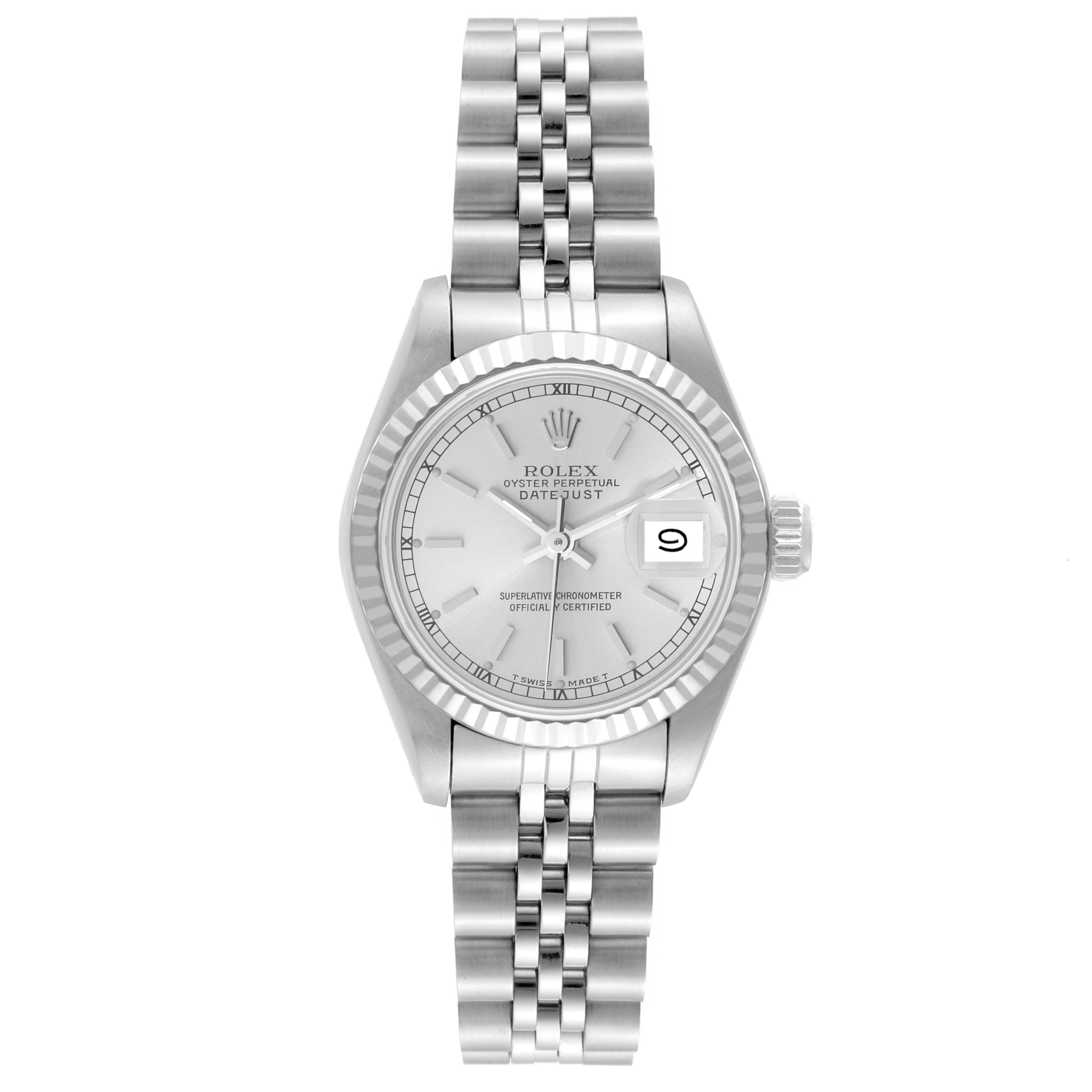 The image shows a front view of a Rolex Datejust 69174 Women
s Stainless Steel Silver Dial 69174 Women
s Stainless Steel Silver Dial watch, highlighting its face, dial, bezel, and bracelet.