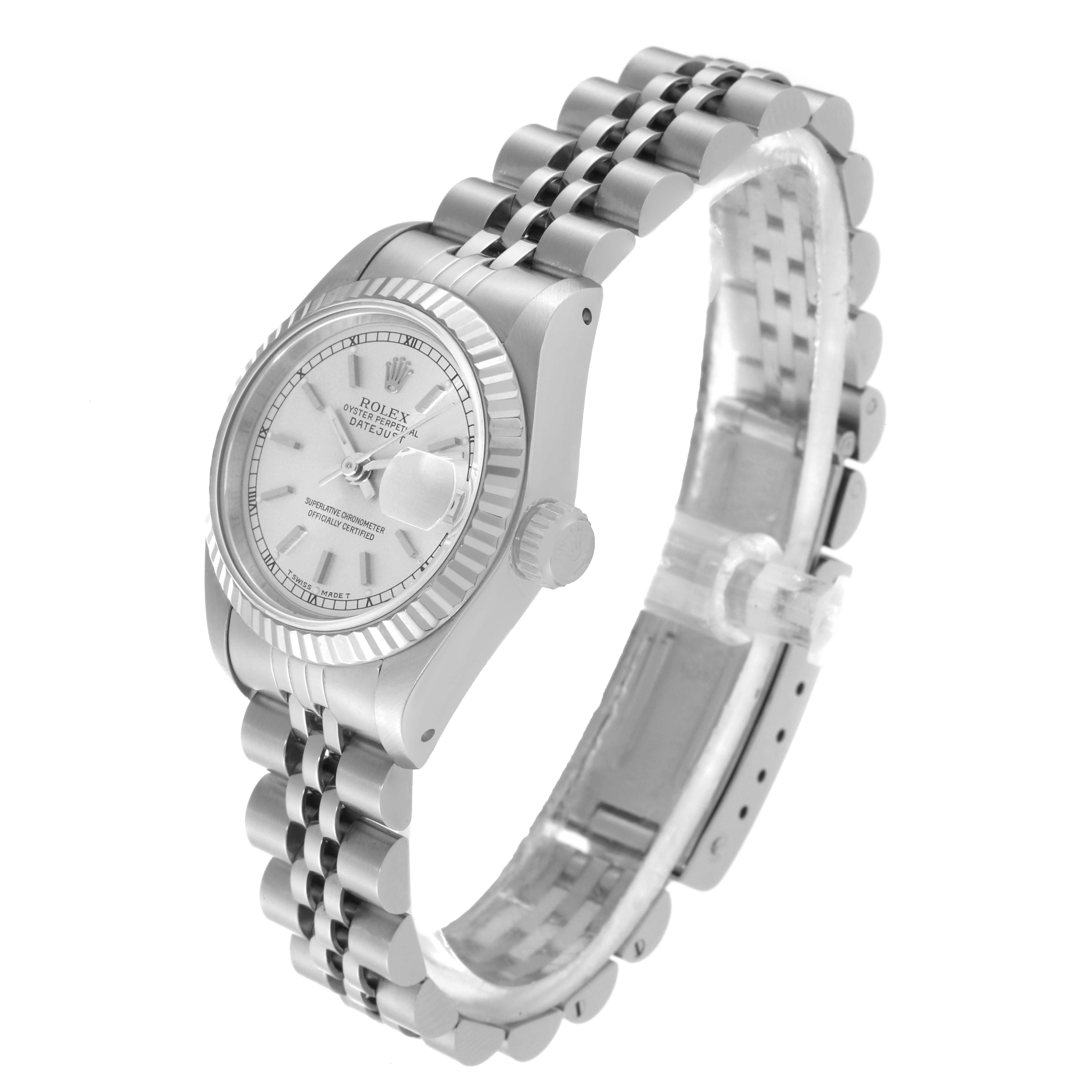 This Rolex Datejust 69174 Women
s Stainless Steel Silver Dial 69174 Women
s Stainless Steel Silver Dial watch is shown at a three-quarter angle highlighting the face, bezel, crown, and bracelet.
