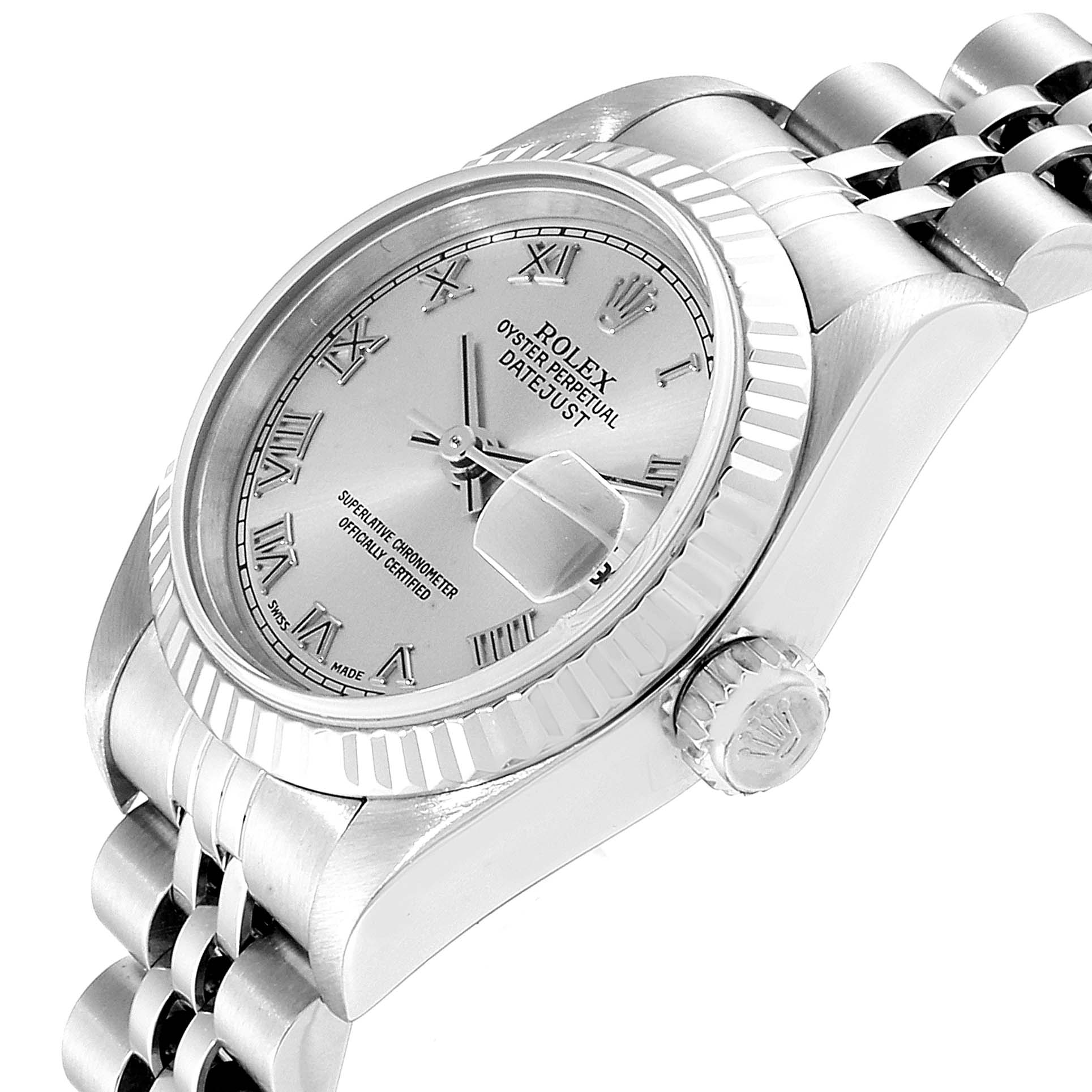 The Rolex Datejust 79174 Women
s Stainless Steel Silver Dial 79174 Women
s Stainless Steel Silver Dial watch is shown at an angle highlighting the dial, bezel, crown, and bracelet.