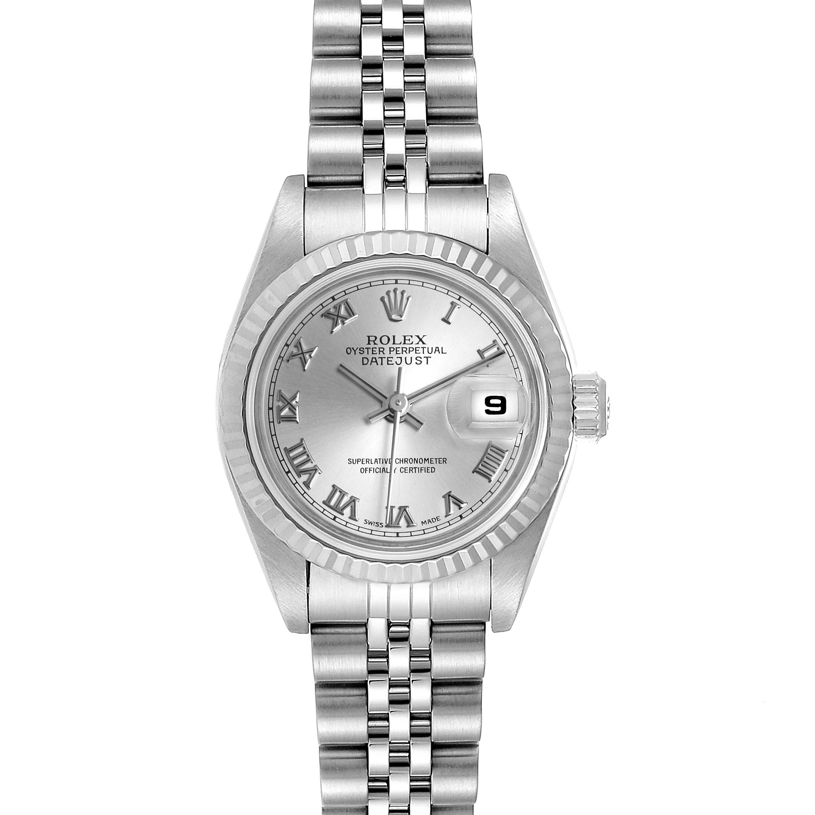 This image shows a Rolex Datejust 79174 Women
s Stainless Steel Silver Dial 79174 Women
s Stainless Steel Silver Dial watch from a front angle, highlighting the dial, bezel, bracelet, and crown.
