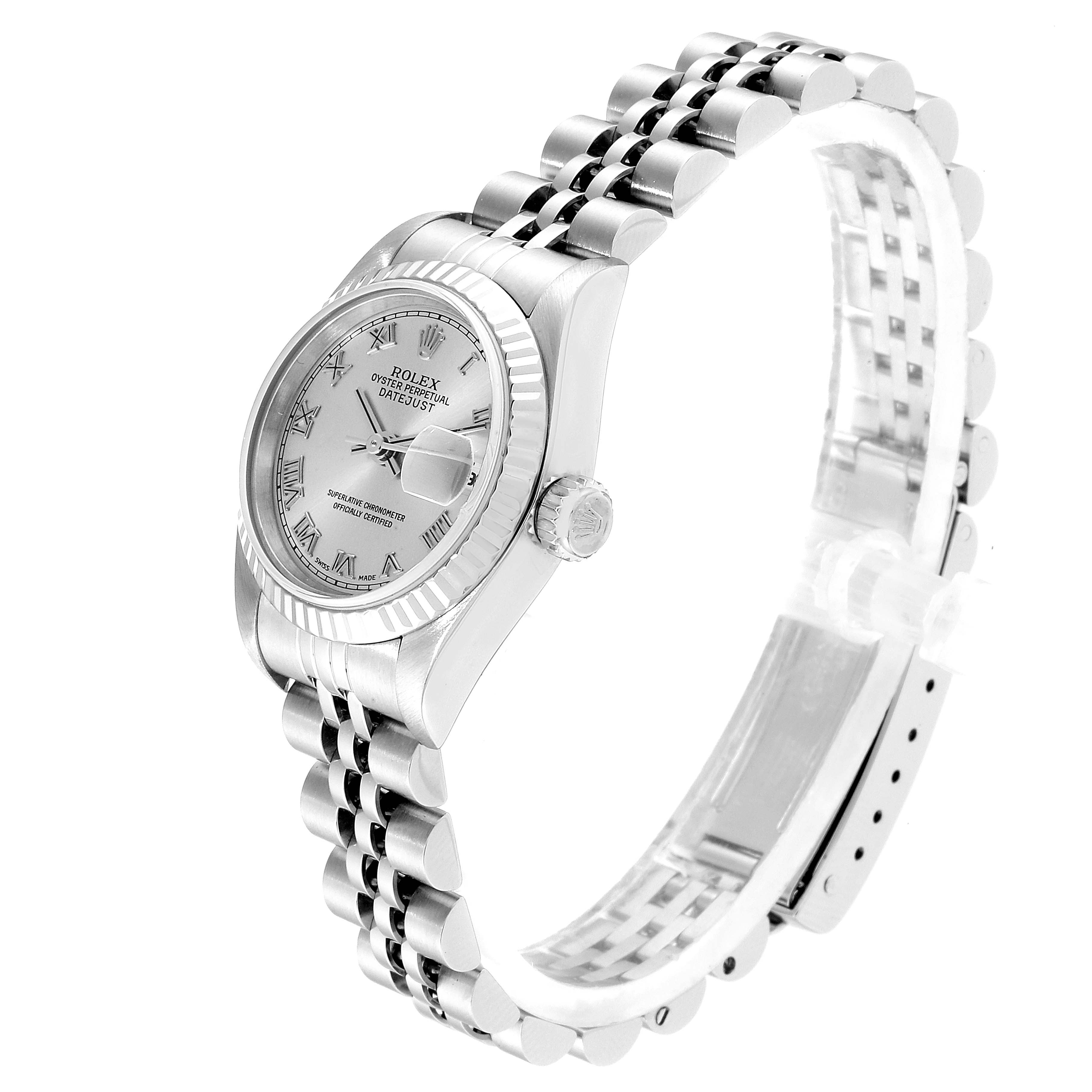 The Rolex Datejust 79174 Women
s Stainless Steel Silver Dial 79174 Women
s Stainless Steel Silver Dial watch is shown at a slight angle, displaying the dial, crown, and stainless steel bracelet.