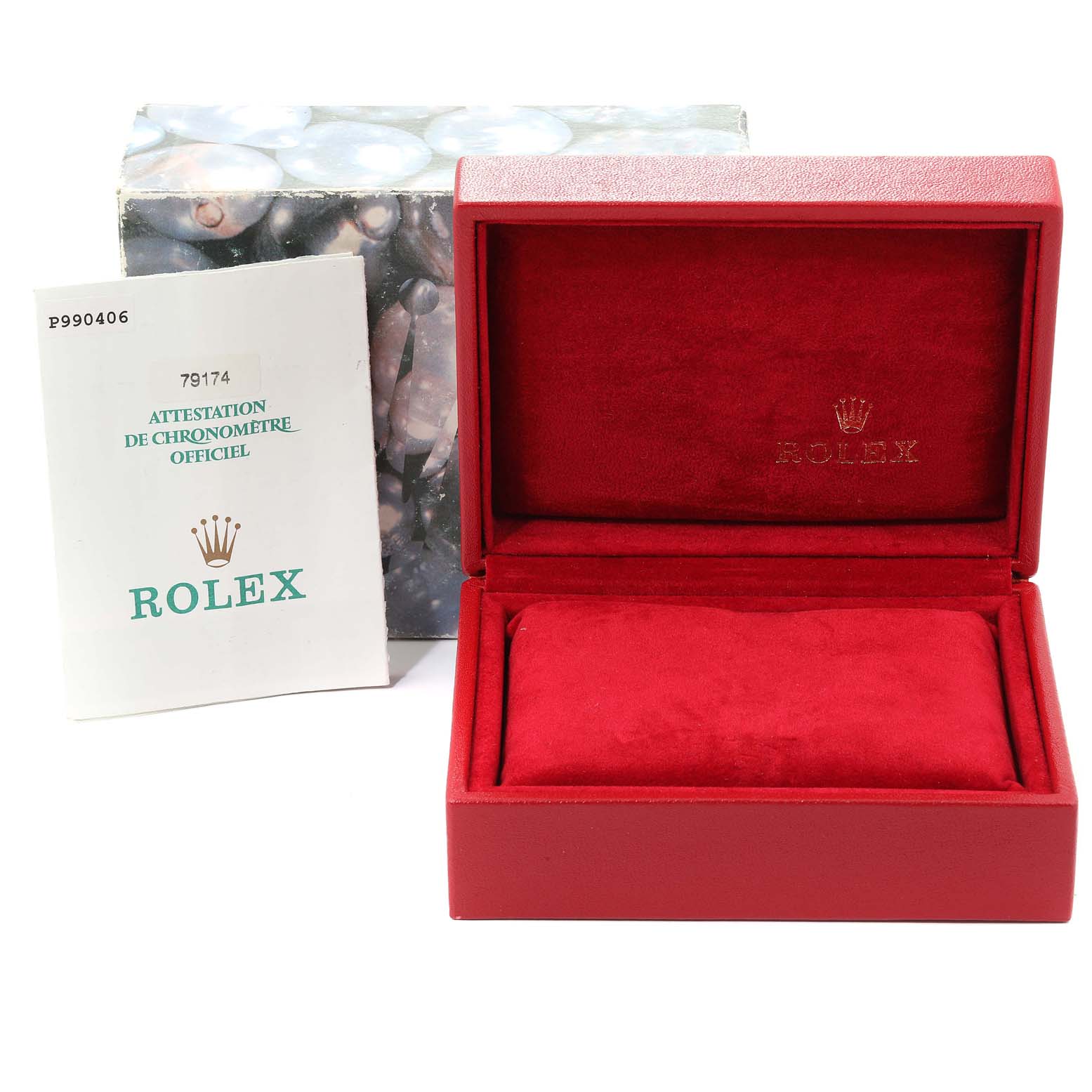 The image shows a red Rolex Datejust 79174 Women
s Stainless Steel Silver Dial 79174 Women
s Stainless Steel Silver Dial watch box, certificate, and outer packaging from a front angle.