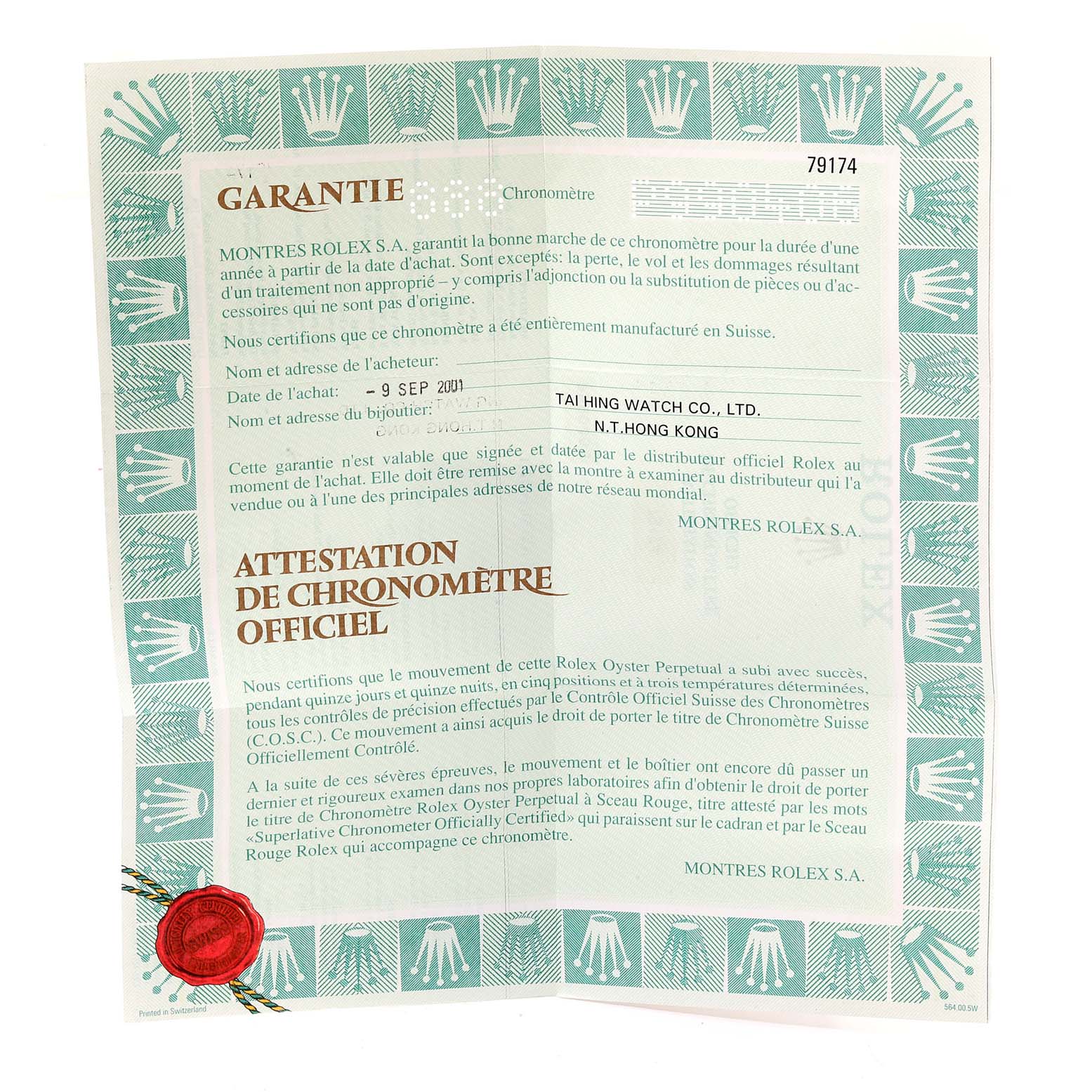 This image shows the warranty and chronometer certificate for a Rolex Datejust 79174 Women
s Stainless Steel Silver Dial 79174 Women
s Stainless Steel Silver Dial model.