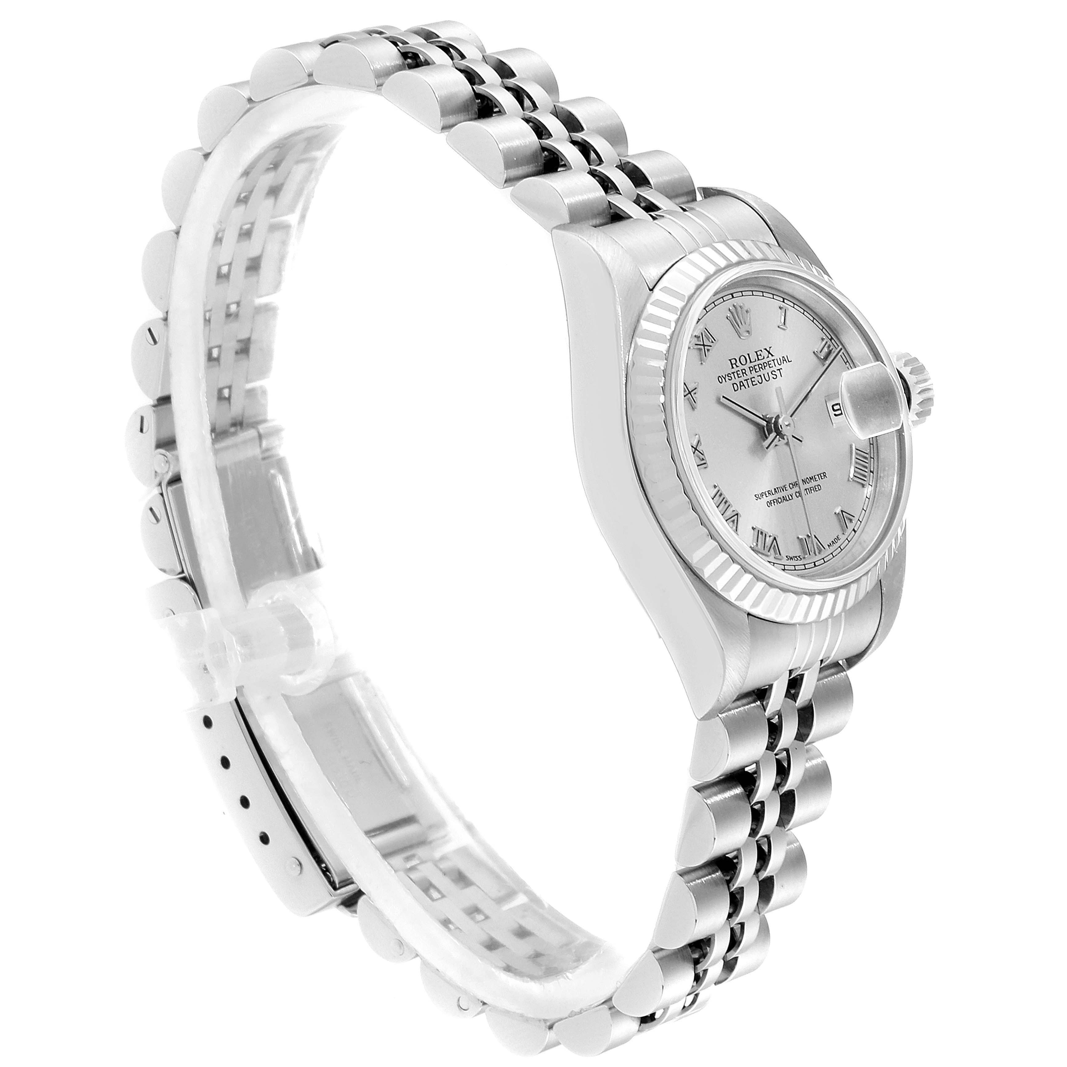 The image shows a side angle of the Rolex Datejust 79174 Women
s Stainless Steel Silver Dial 79174 Women
s Stainless Steel Silver Dial watch, highlighting its bracelet, case, bezel, and dial.