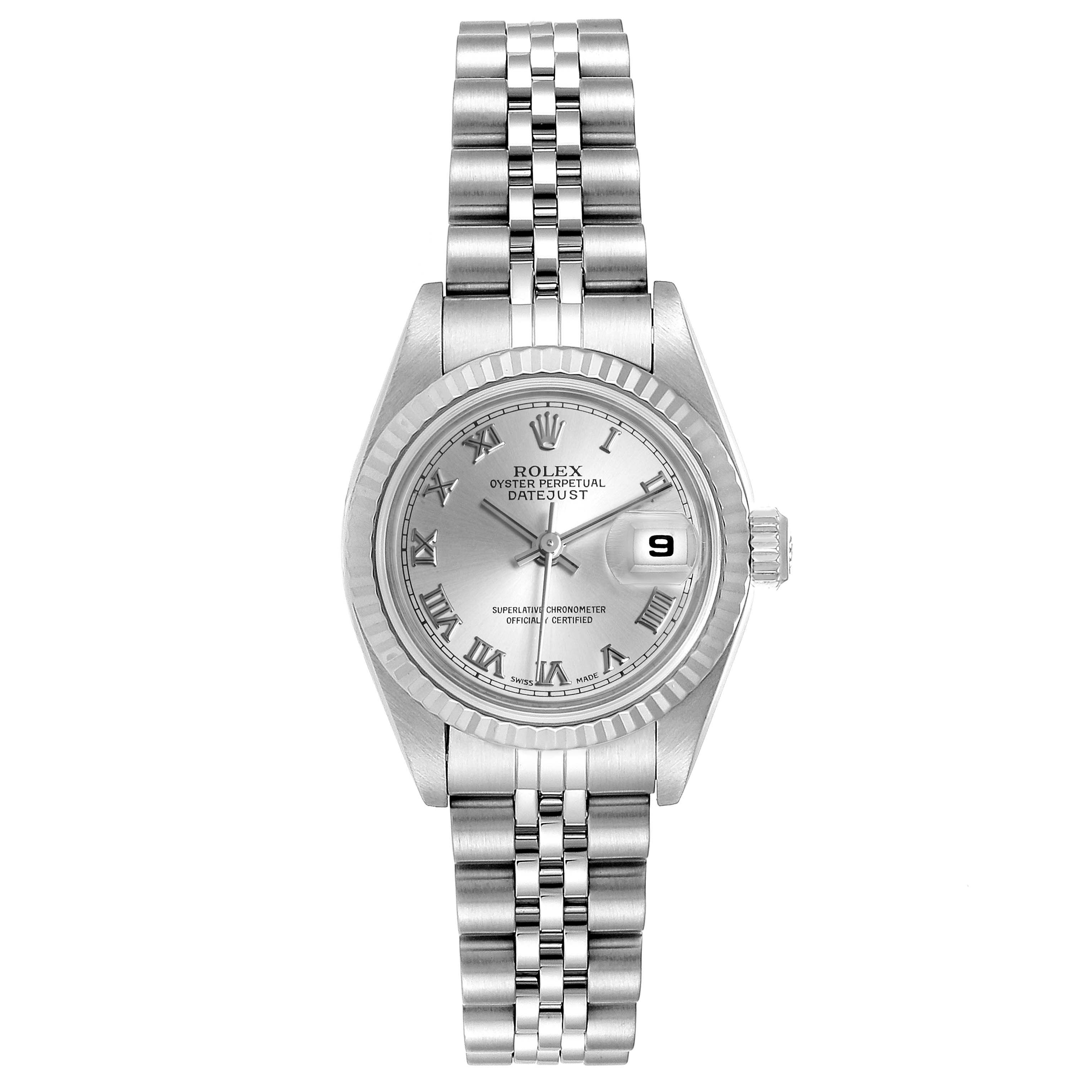 The image shows the front view of a Rolex Datejust 79174 Women
s Stainless Steel Silver Dial 79174 Women
s Stainless Steel Silver Dial watch, highlighting its dial, bezel, crown, and bracelet.