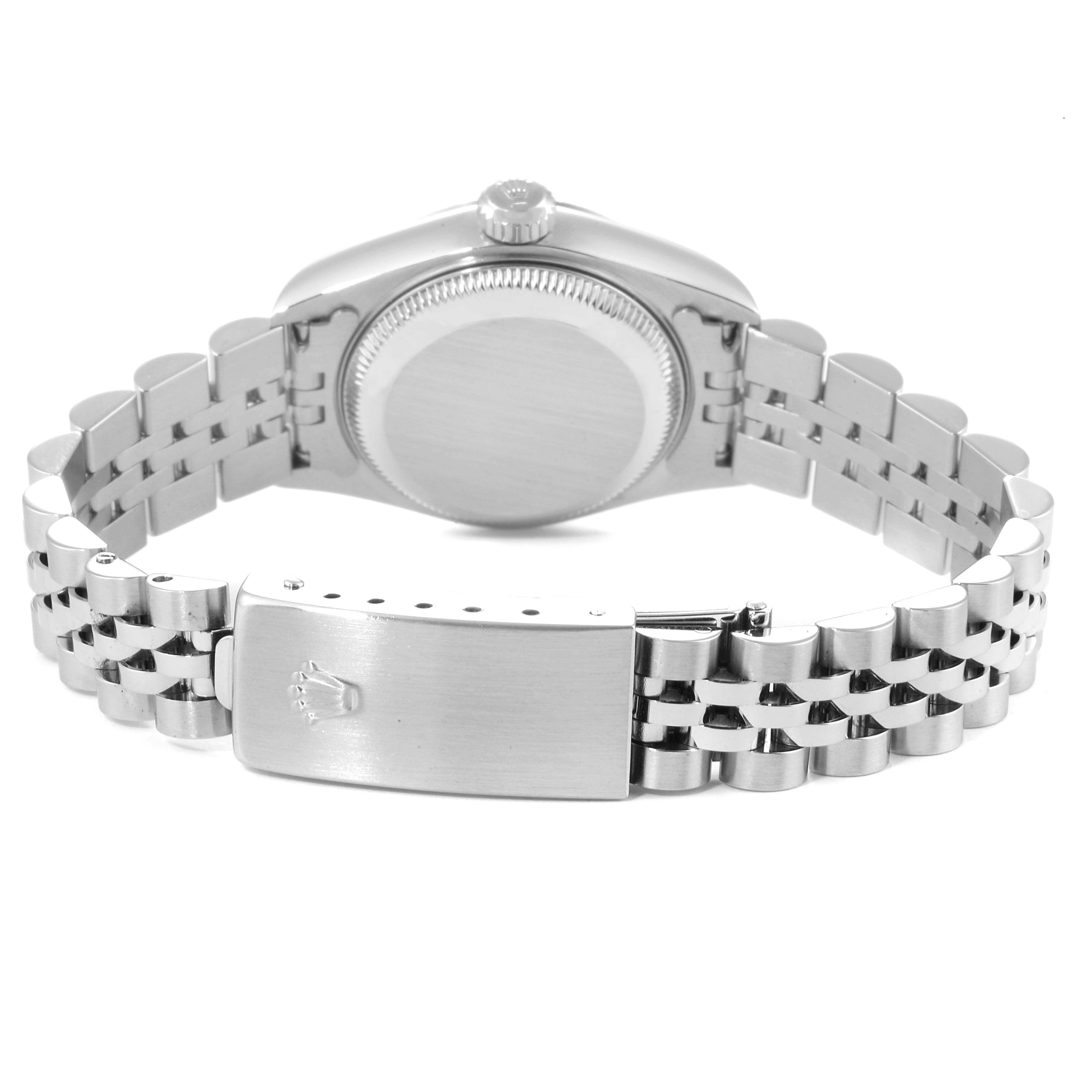 This image shows the backside of a Rolex Datejust 79174 Women
s Stainless Steel Silver Dial 79174 Women
s Stainless Steel Silver Dial watch featuring a Jubilee bracelet and a clasp with the Rolex logo.