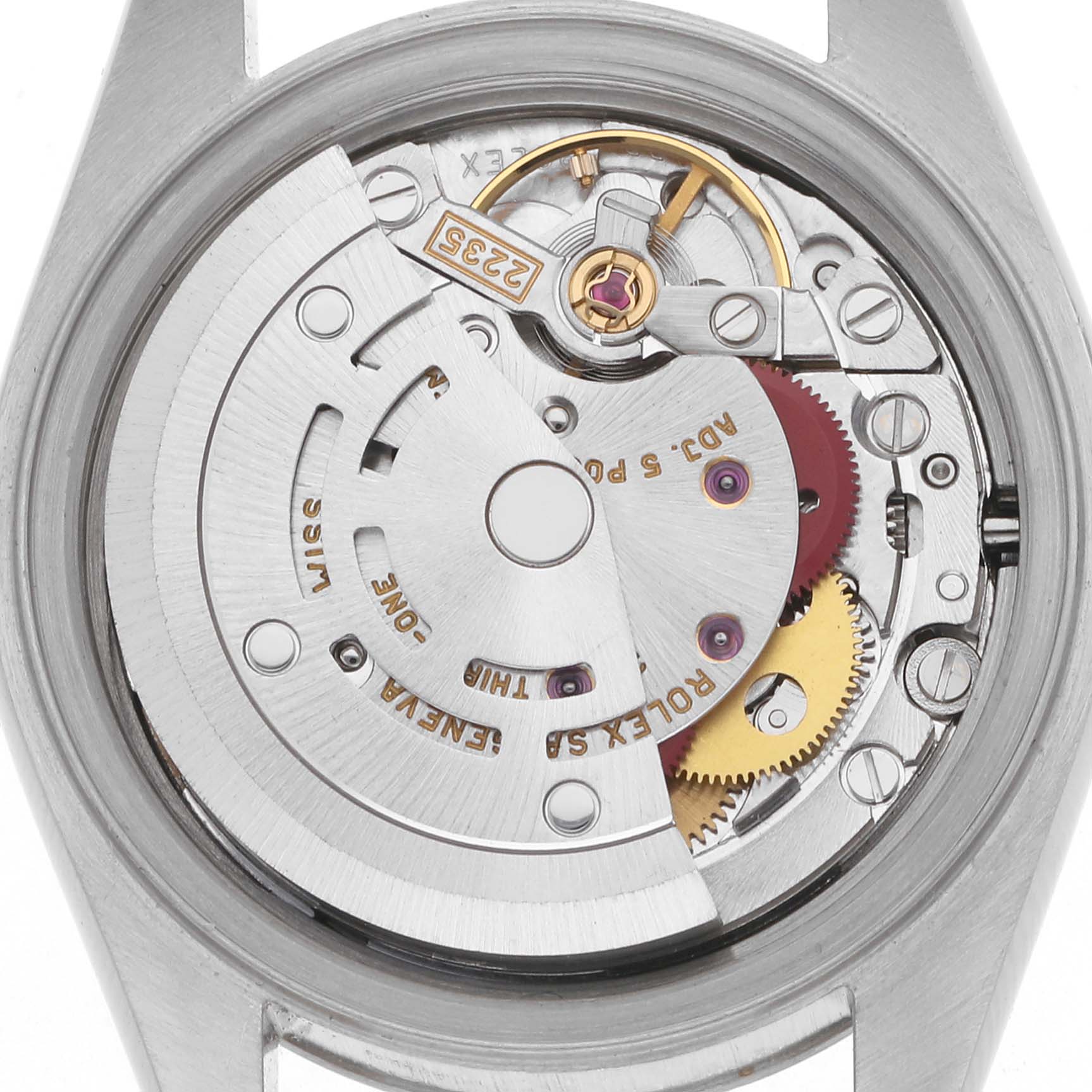 The image shows the internal mechanism of a Rolex Datejust 79174 Women
s Stainless Steel Silver Dial 79174 Women
s Stainless Steel Silver Dial watch viewed from the back, highlighting its movement components.