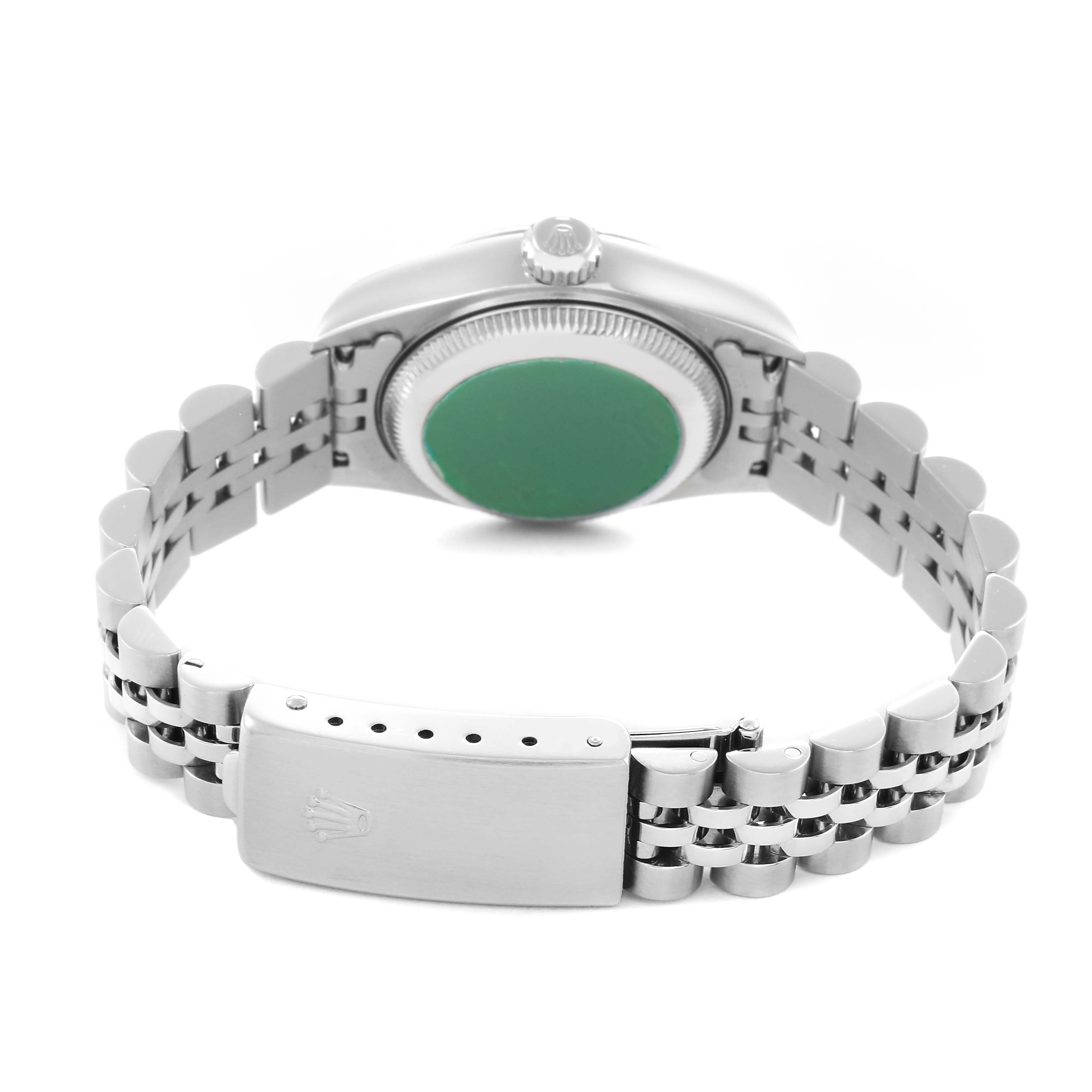 The image shows the back and side view of a Rolex Datejust 79174 Women
s Stainless Steel Silver Dial 79174 Women
s Stainless Steel Silver Dial model, highlighting the case back, crown, and bracelet clasp.