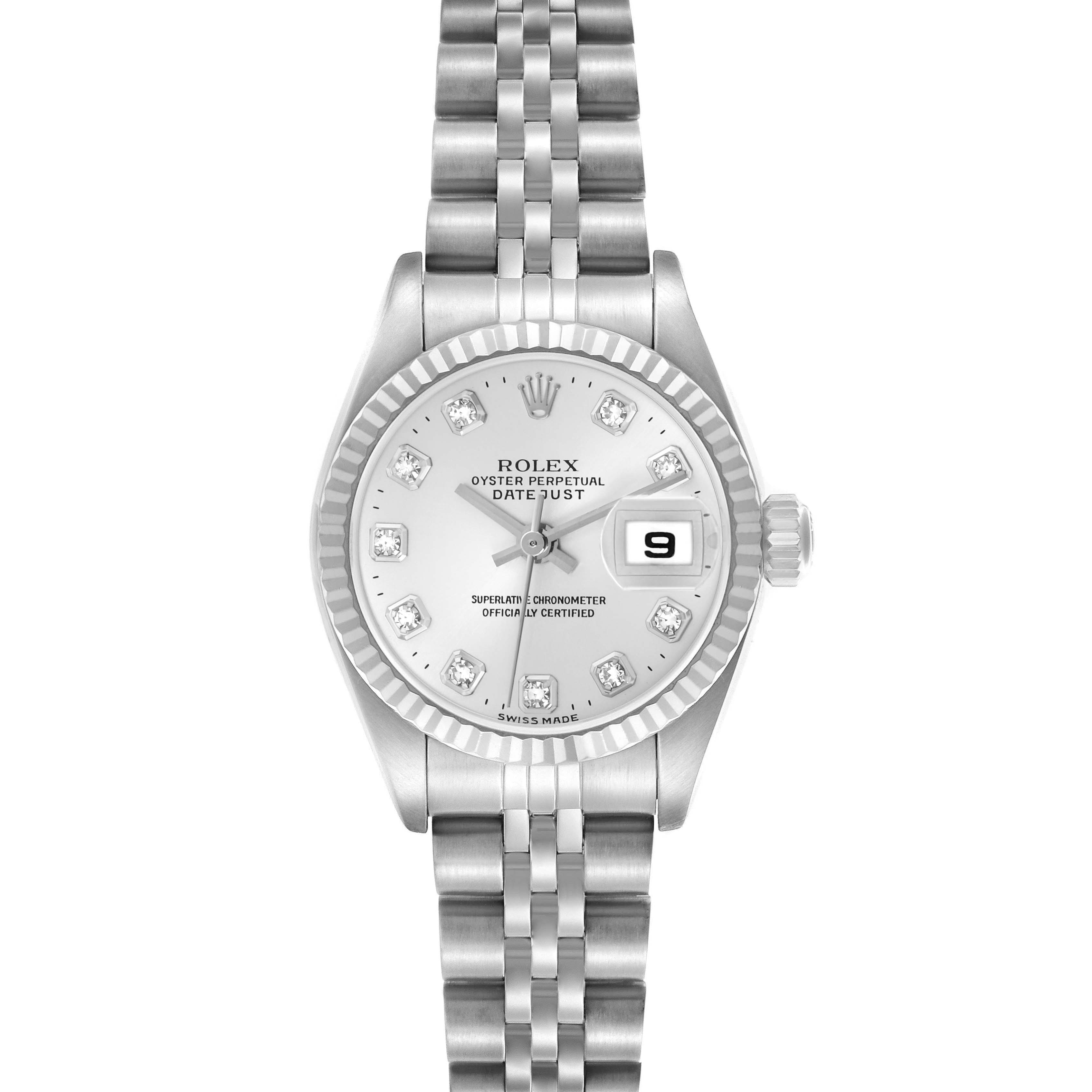 The Rolex Datejust 79174 Women
s Stainless Steel Silver Dial 79174 Women
s Stainless Steel Silver Dial watch is shown from a top-down angle, highlighting its dial, fluted bezel, jubilee bracelet, and date window.