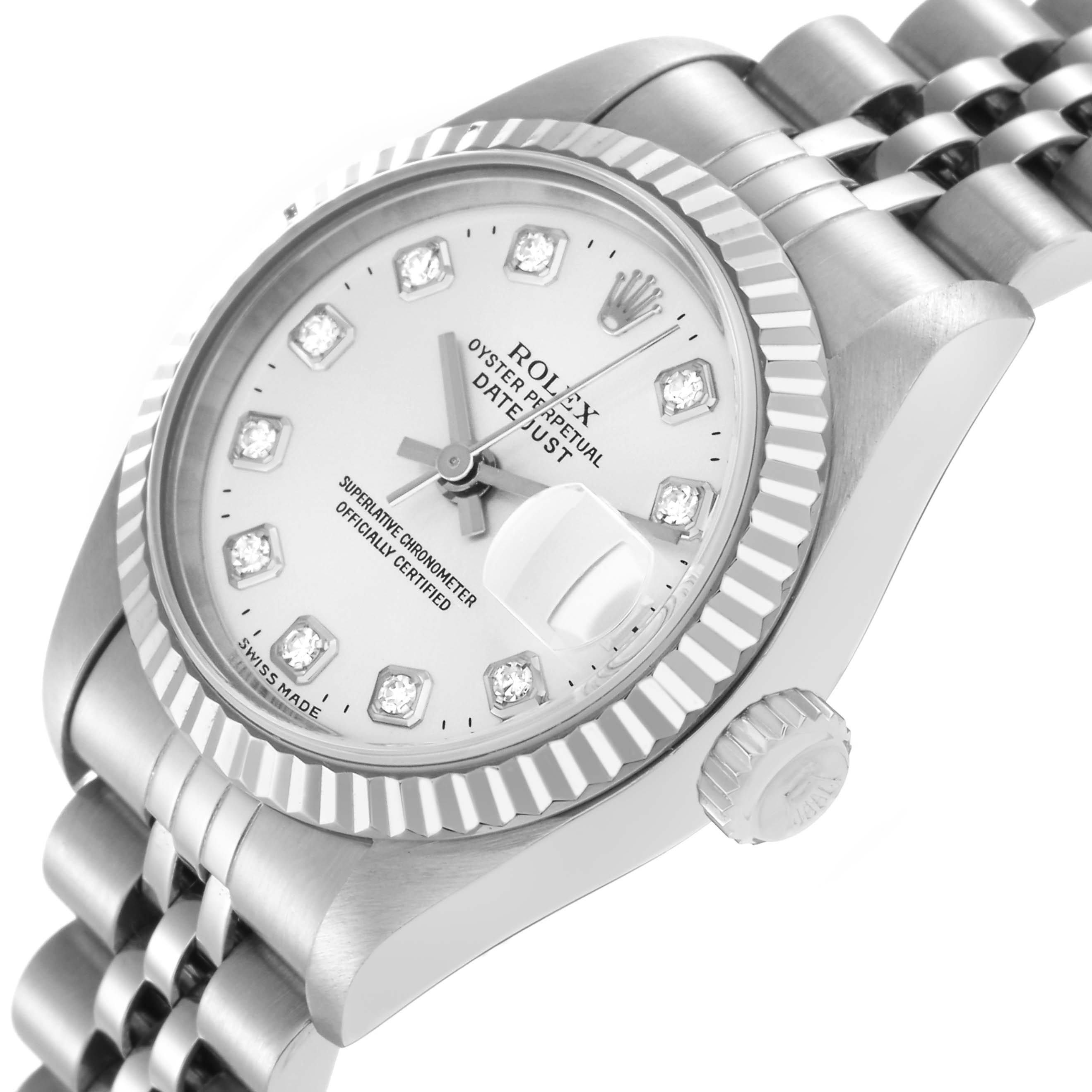 The Rolex Datejust 79174 Women
s Stainless Steel Silver Dial 79174 Women
s Stainless Steel Silver Dial watch is shown at a tilted angle displaying the dial, bezel, crown, and part of the bracelet.
