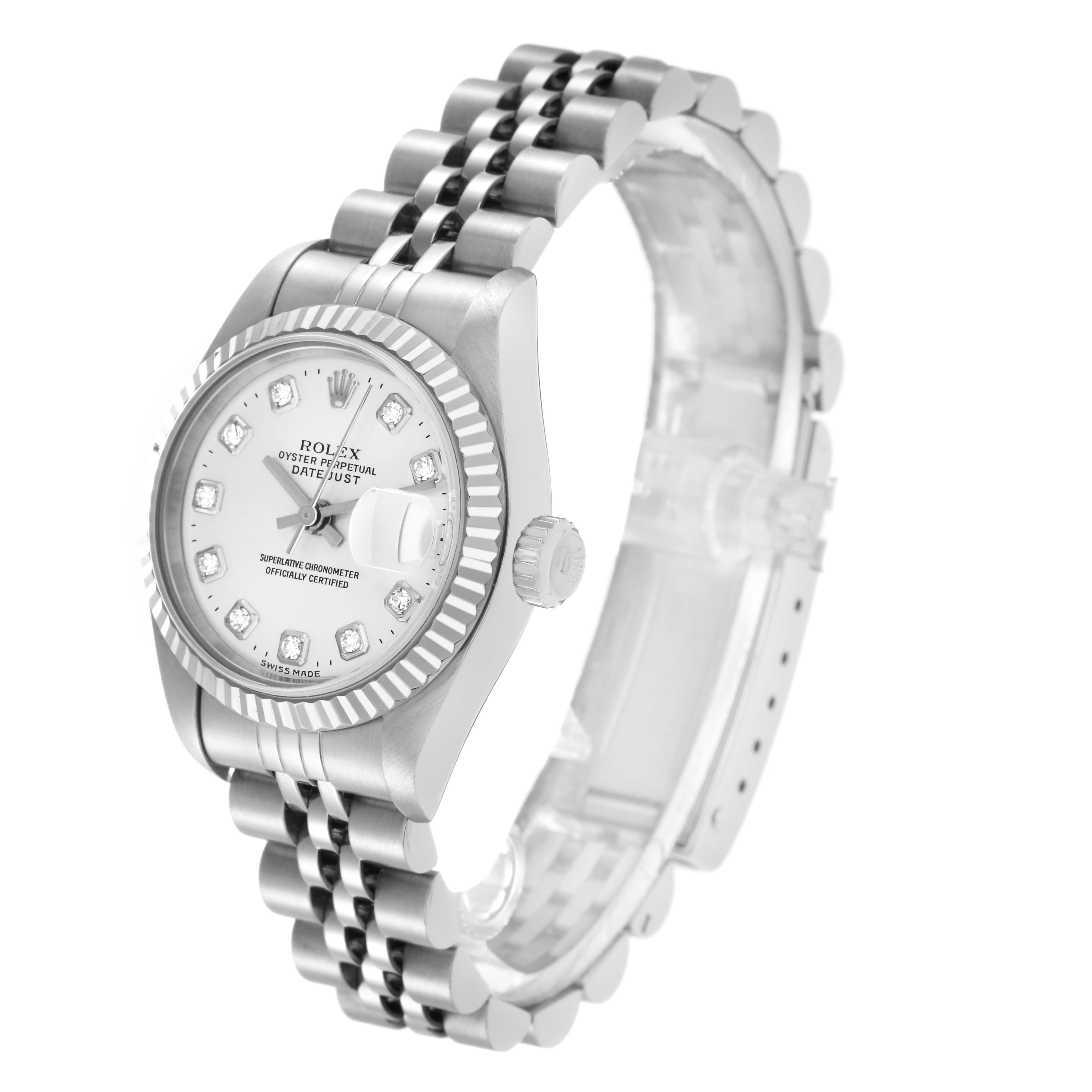 The Rolex Datejust 79174 Women
s Stainless Steel Silver Dial 79174 Women
s Stainless Steel Silver Dial watch is shown at a side angle, highlighting the dial, bezel, crown, and bracelet.