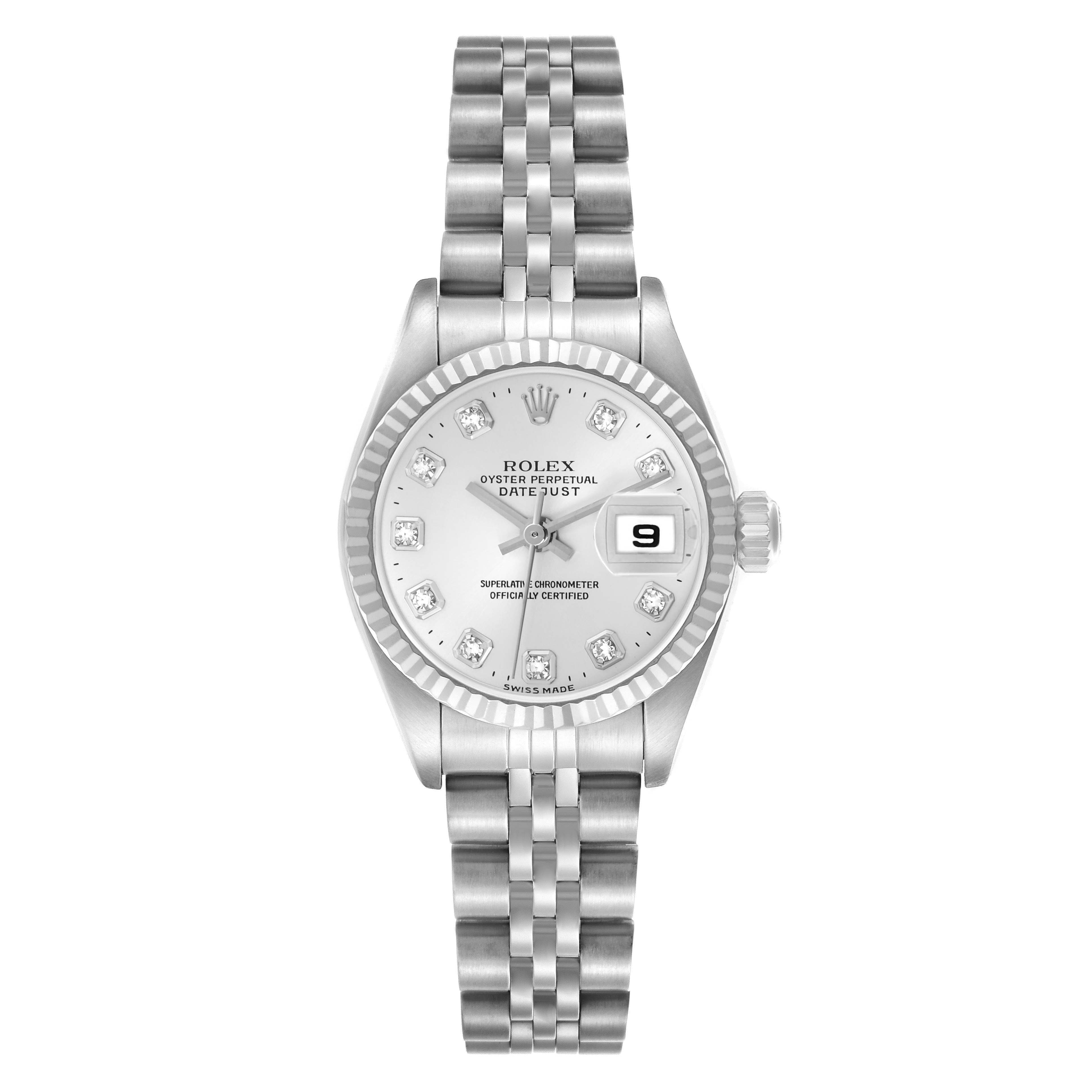 The Rolex Datejust 79174 Women
s Stainless Steel Silver Dial 79174 Women
s Stainless Steel Silver Dial watch is shown from a front angle, displaying the dial, bezel, crown, and bracelet.