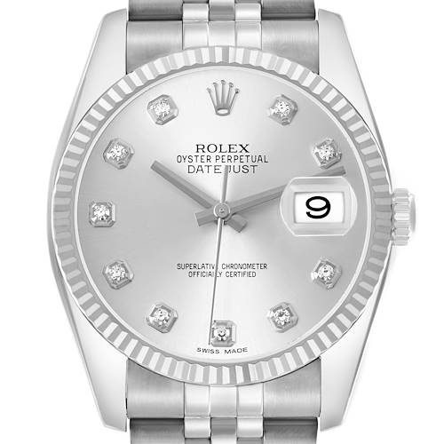 The Rolex Datejust 116234 Men's Stainless Steel Silver Dial watch is shown from the front, highlighting the dial, fluted bezel, and bracelet.