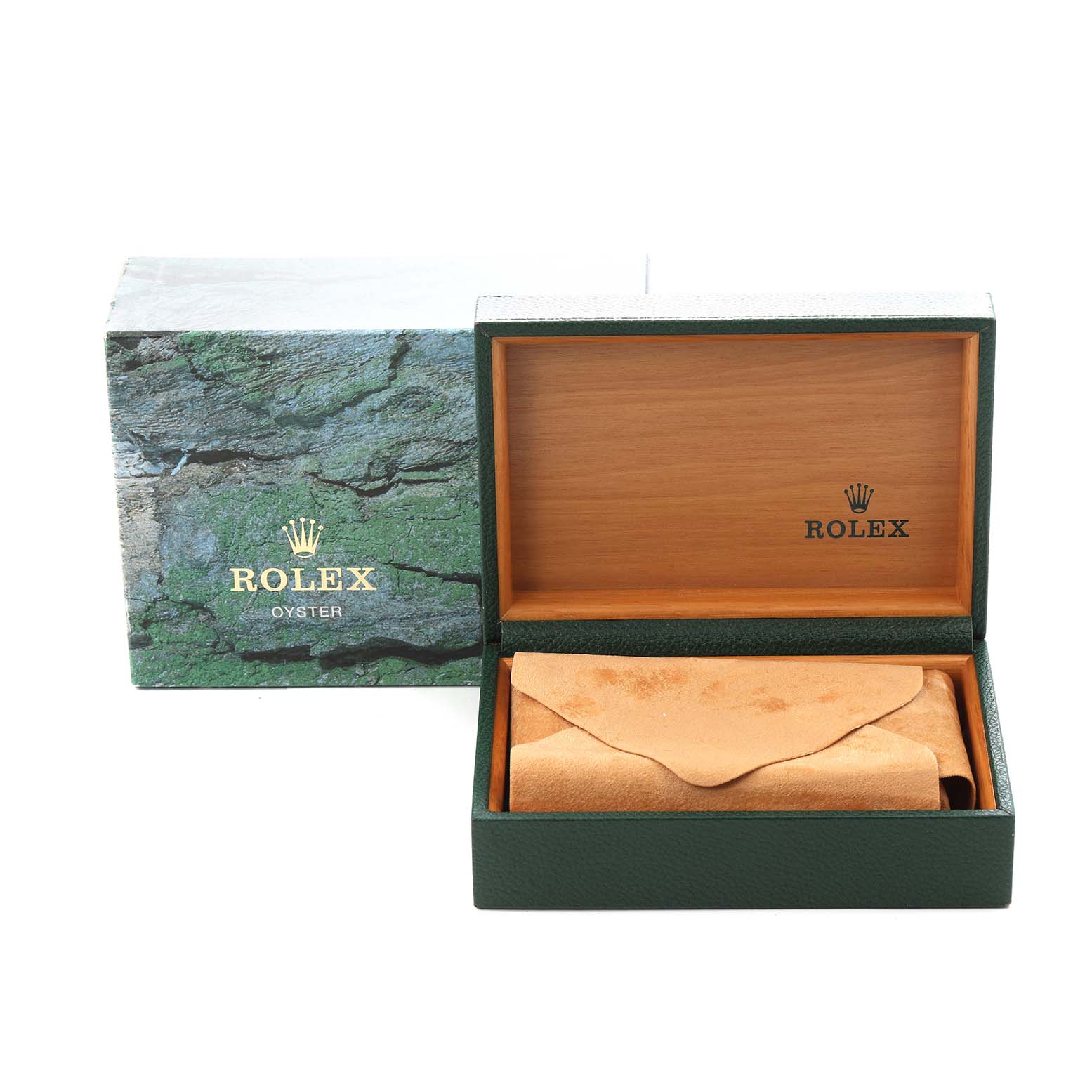 The image shows a Rolex Datejust 16234 Men
s Steel and Gold (two tone) Silver Dial 16234 Men
s Steel and Gold (two tone) Silver Dial box and pouch, displayed open with the outer box in the background.