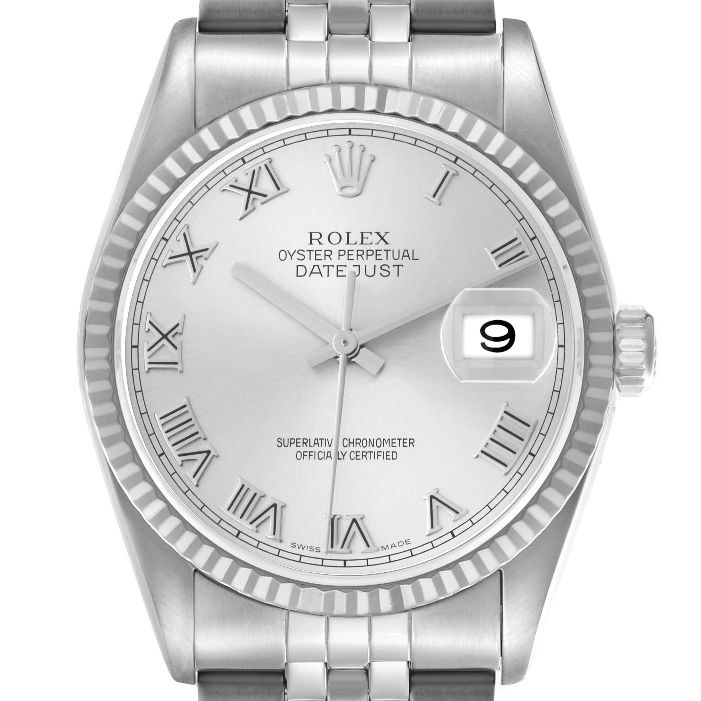 The Rolex Datejust 16234 Men
s Steel and Gold (two tone) Silver Dial 16234 Men
s Steel and Gold (two tone) Silver Dial watch is shown from the front, highlighting the dial, bezel, crown, and part of the bracelet.