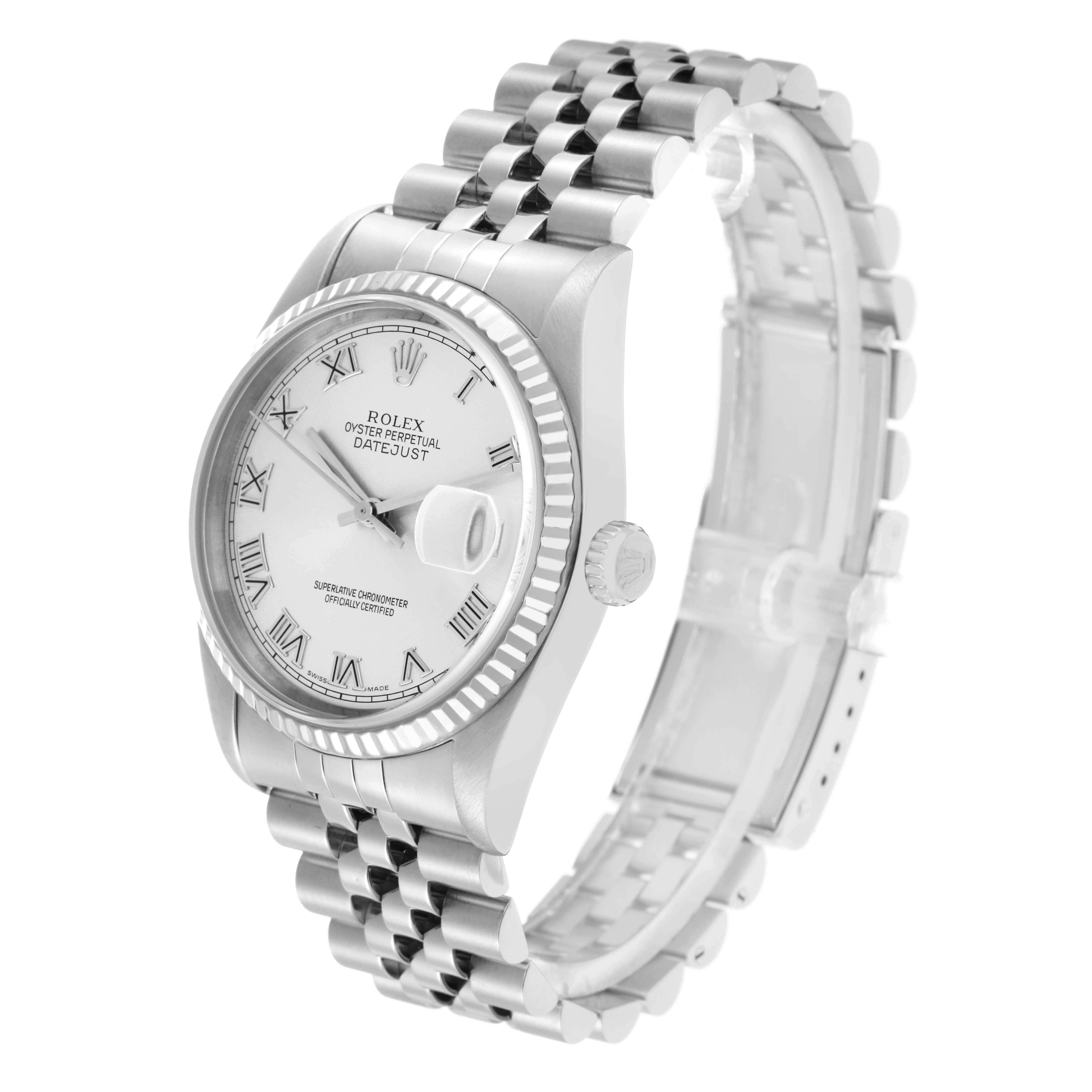 The Rolex Datejust 16234 Men
s Steel and Gold (two tone) Silver Dial 16234 Men
s Steel and Gold (two tone) Silver Dial watch is shown at a three-quarter angle, displaying the dial, bezel, and bracelet.