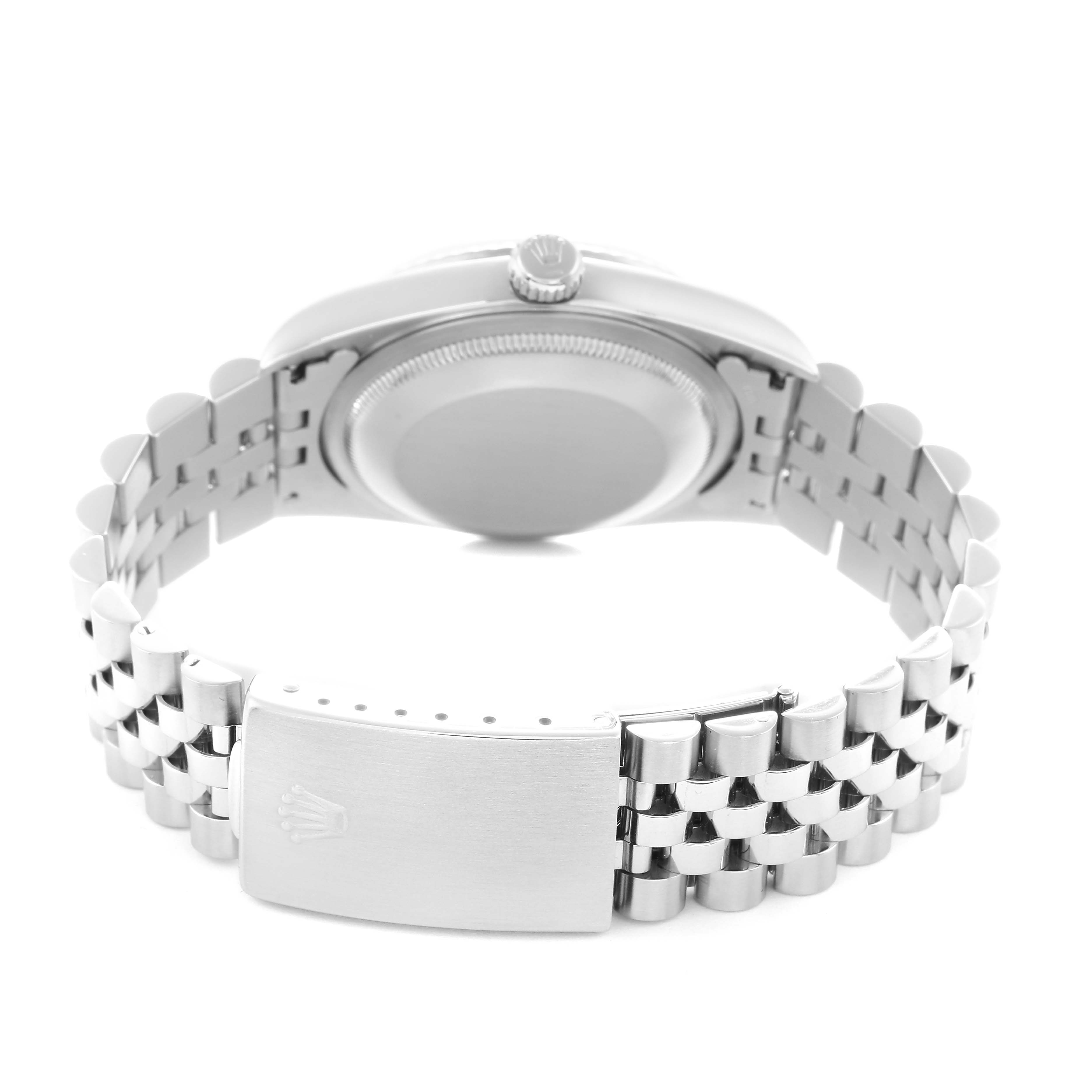 The image shows the back of a Rolex Datejust 16234 Men
s Steel and Gold (two tone) Silver Dial 16234 Men
s Steel and Gold (two tone) Silver Dial with its case back, jubilee bracelet, and clasp.