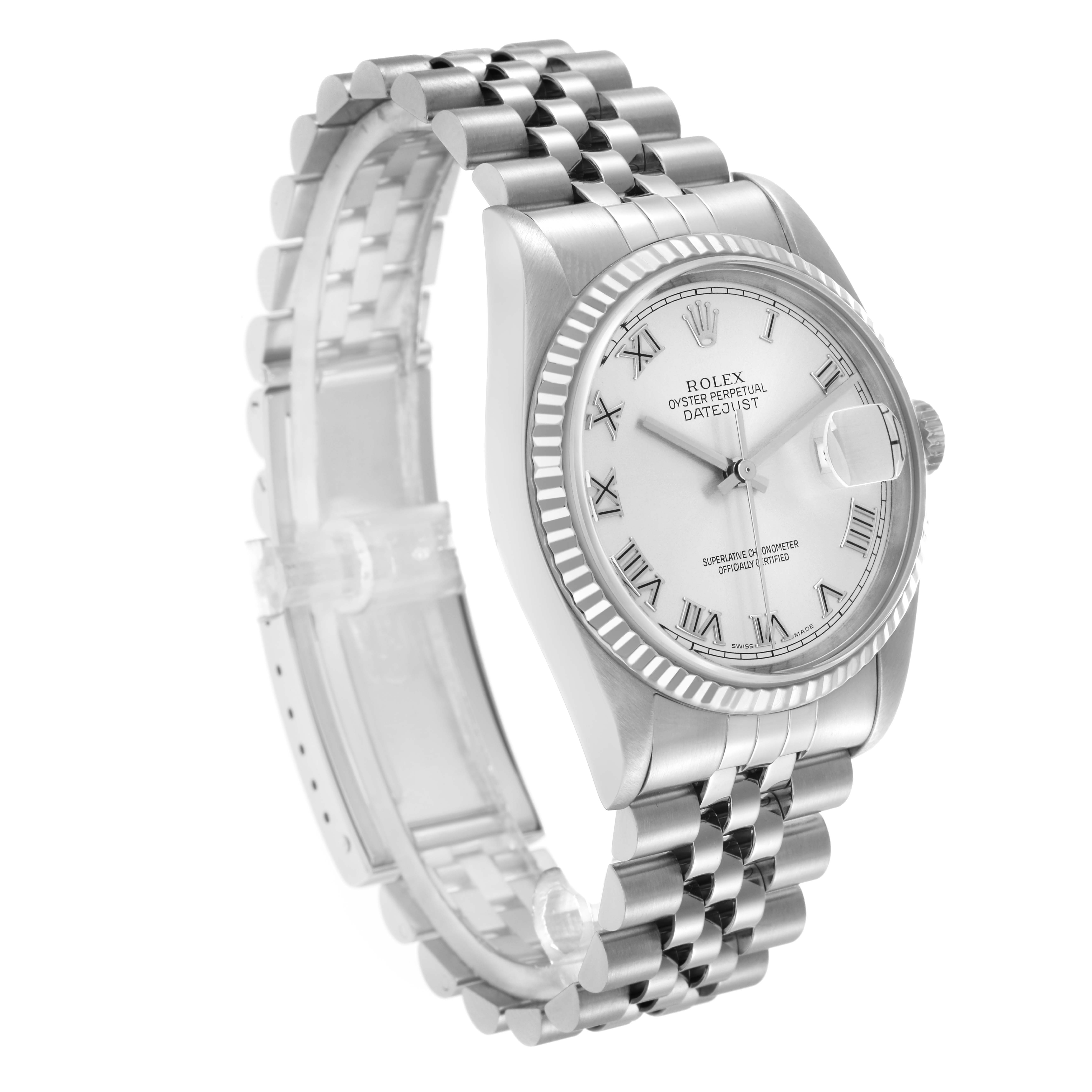 The Rolex Datejust 16234 Men
s Steel and Gold (two tone) Silver Dial 16234 Men
s Steel and Gold (two tone) Silver Dial watch is shown at a 3/4 angle, displaying the face, bezel, and Jubilee bracelet.