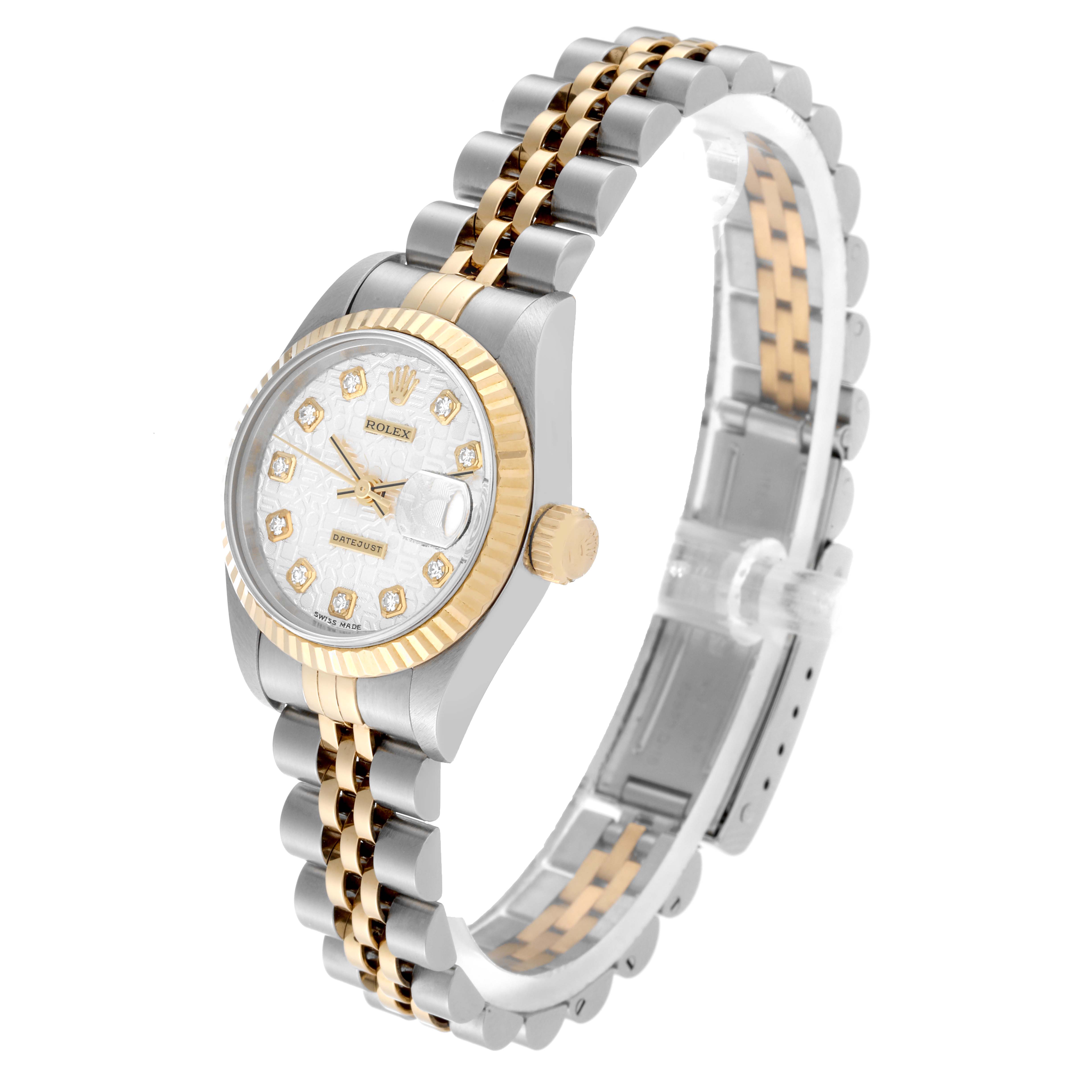 The Rolex Datejust 69173 Women's Steel and Gold (two tone) Silver Dial 69173 Women's Steel and Gold (two tone) Silver Dial watch is shown at a slight angle, highlighting the two-tone bracelet and detailed dial.