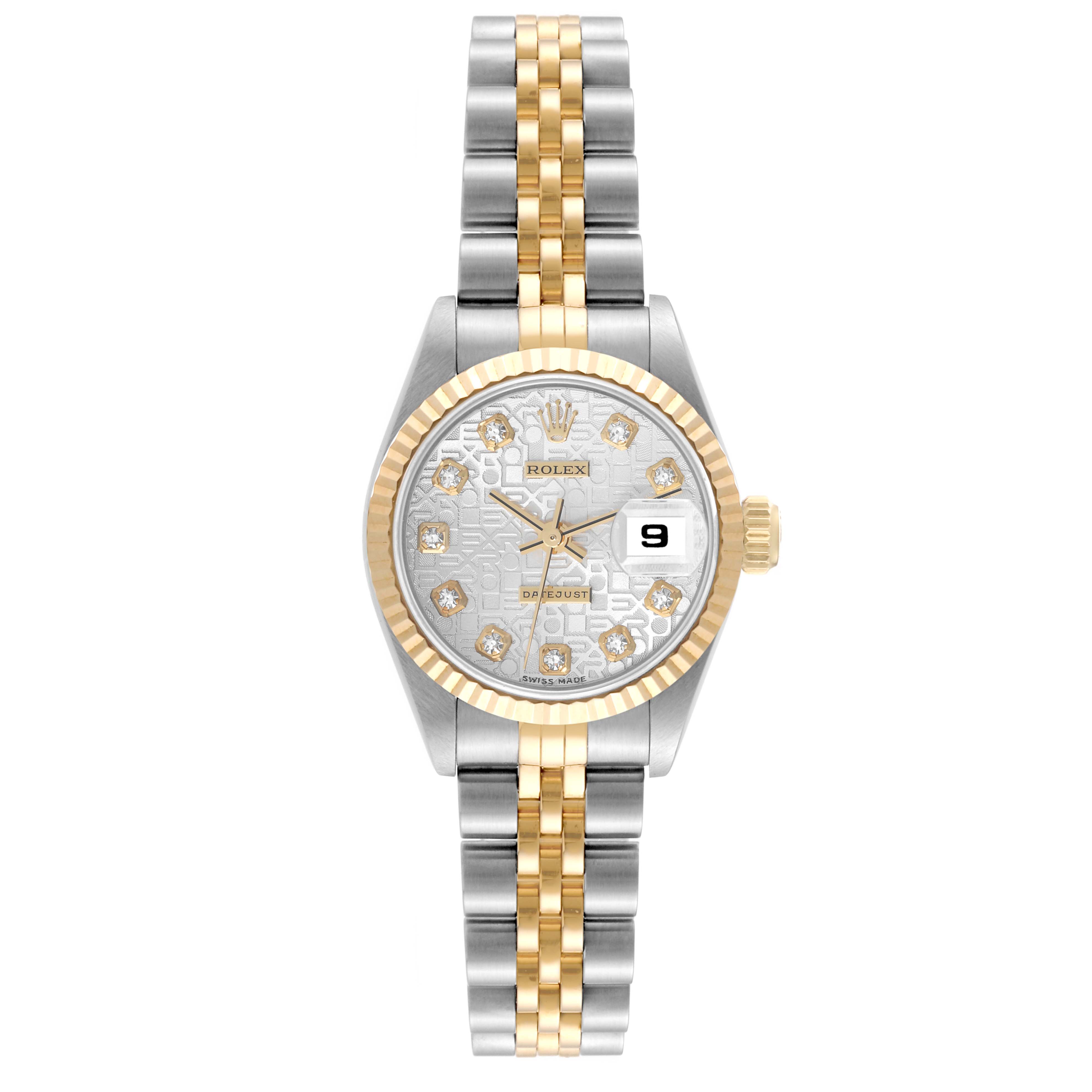 This Rolex Datejust 69173 Women's Steel and Gold (two tone) Silver Dial 69173 Women's Steel and Gold (two tone) Silver Dial model is shown from a front angle, displaying the bezel, dial, hands, date, and two-tone bracelet.